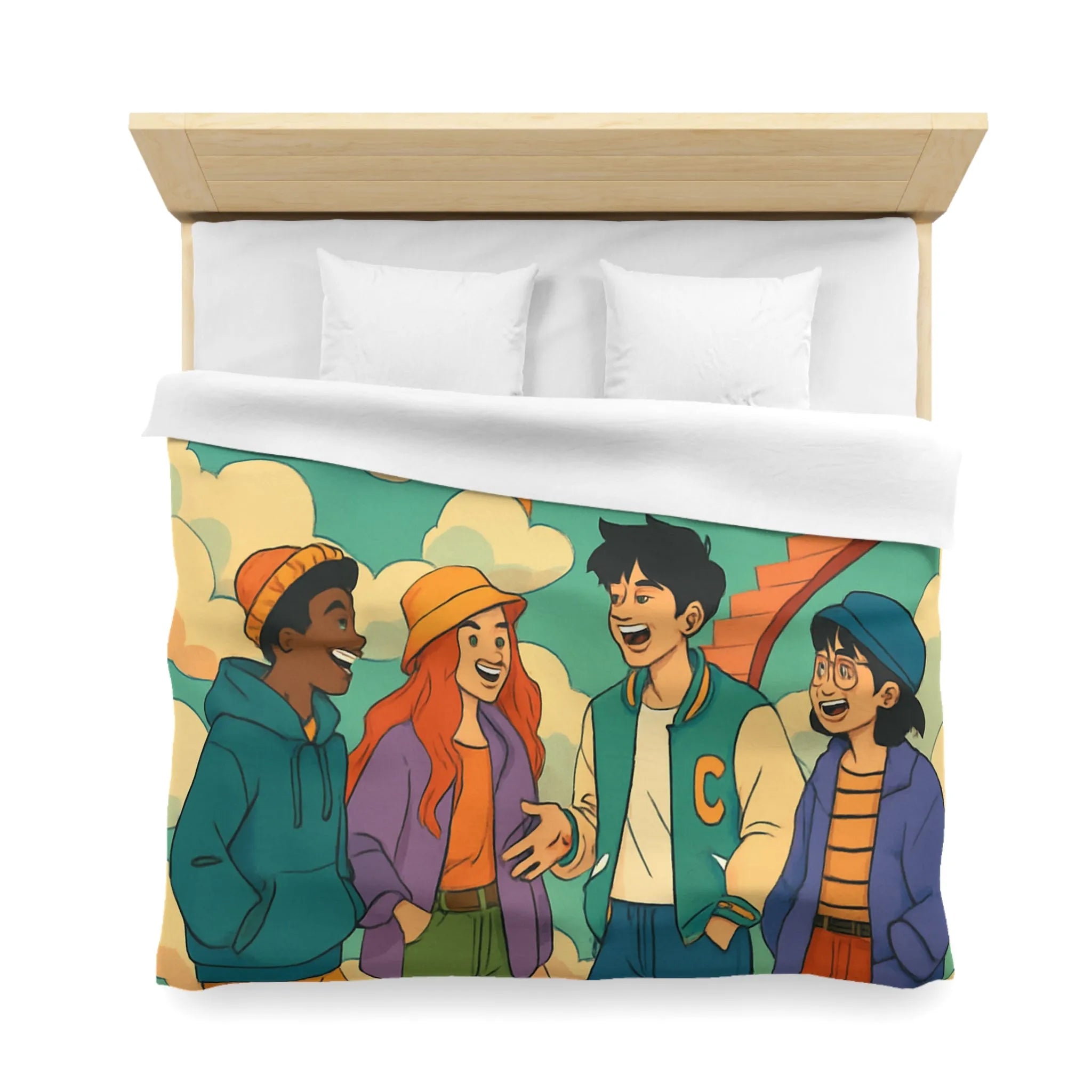 Housse de couette jeune amis rient sous escalier nuages horloge ciel bleu