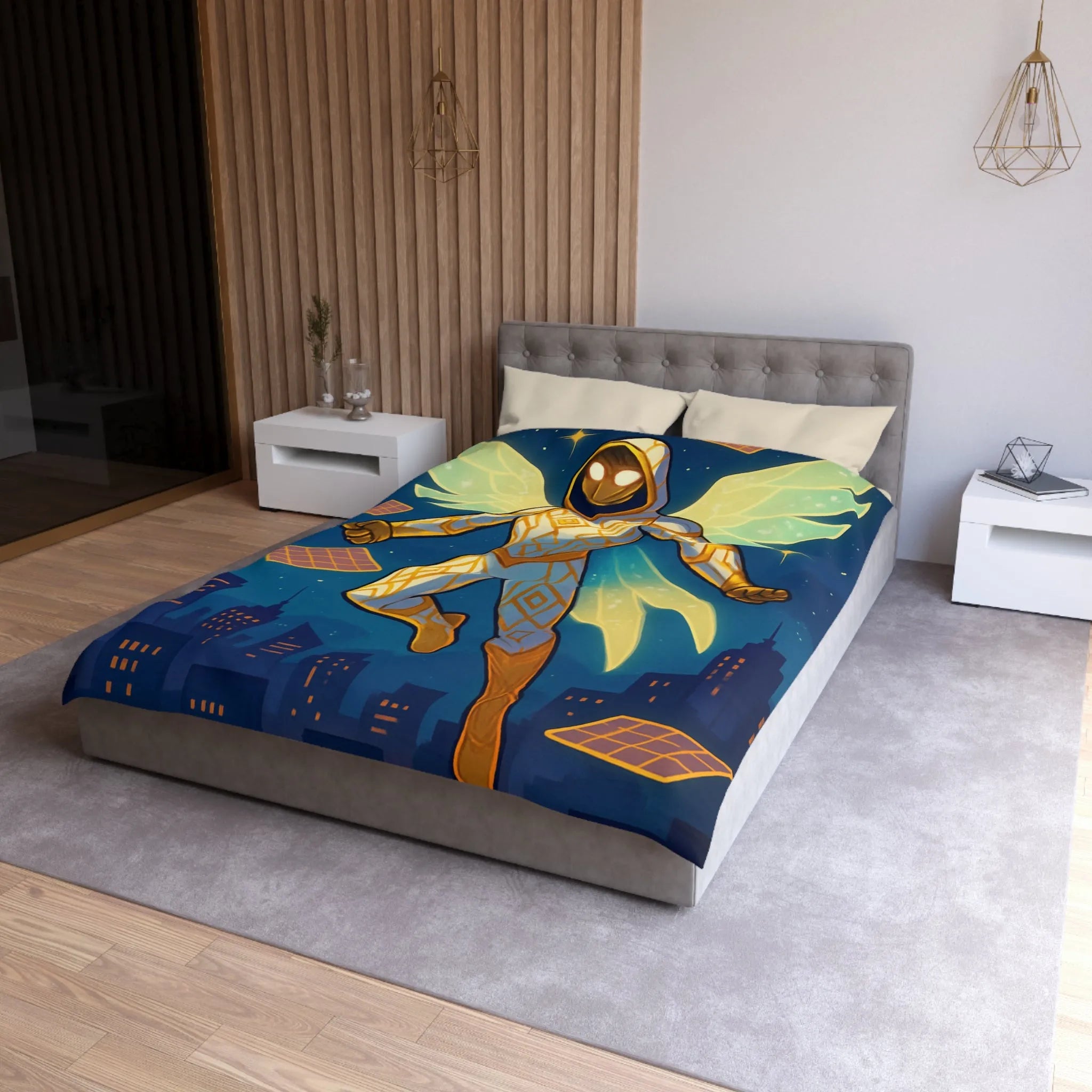 Housse de couette avec héros ailé lumineux sur ciel étoilé et ville futuriste
