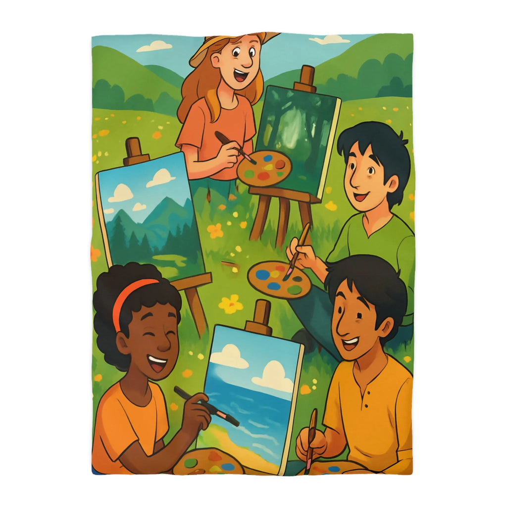 Housse de couette décorative avec enfants peignant dans champ fleuri en plein air