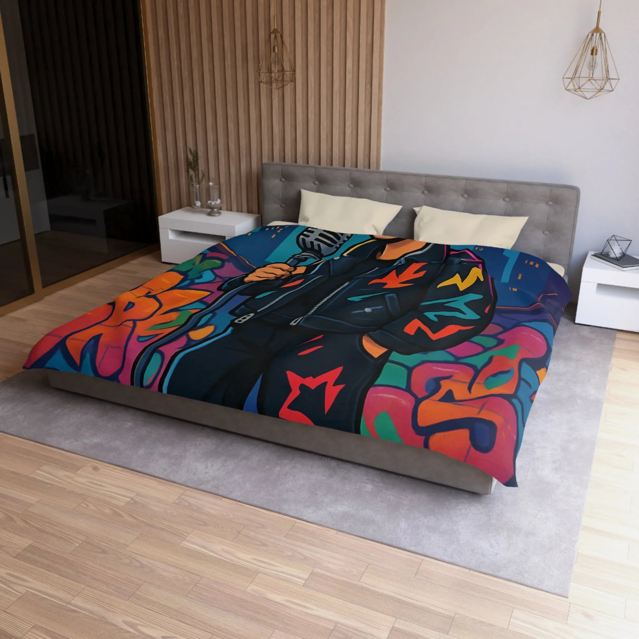 Housse de couette colorée graffiti style urbain avec chanteur devant micro rétro