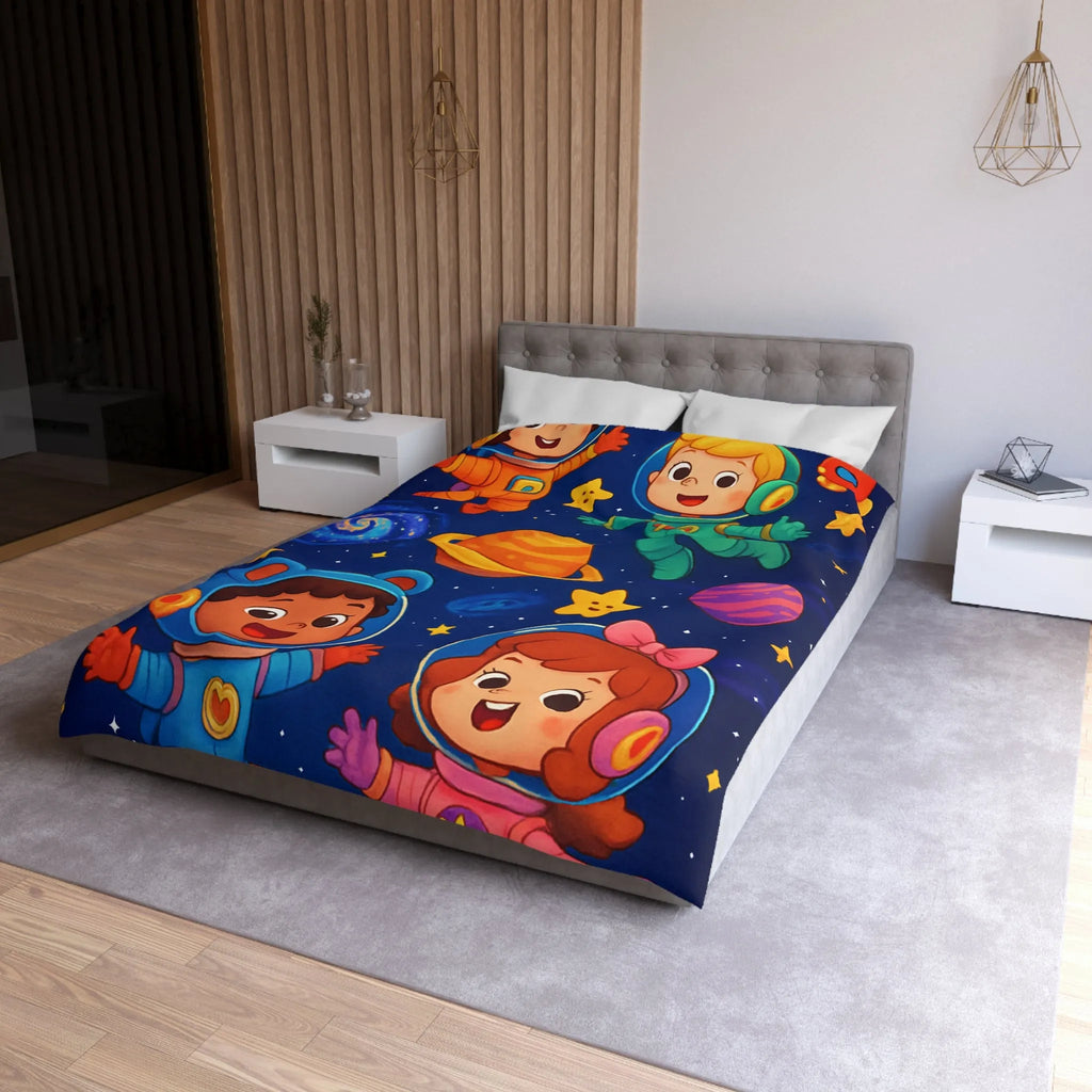 Housse de Couette Enfant : Aventure Cosmique avec Astronautes et Étoiles Colorées Stylisées