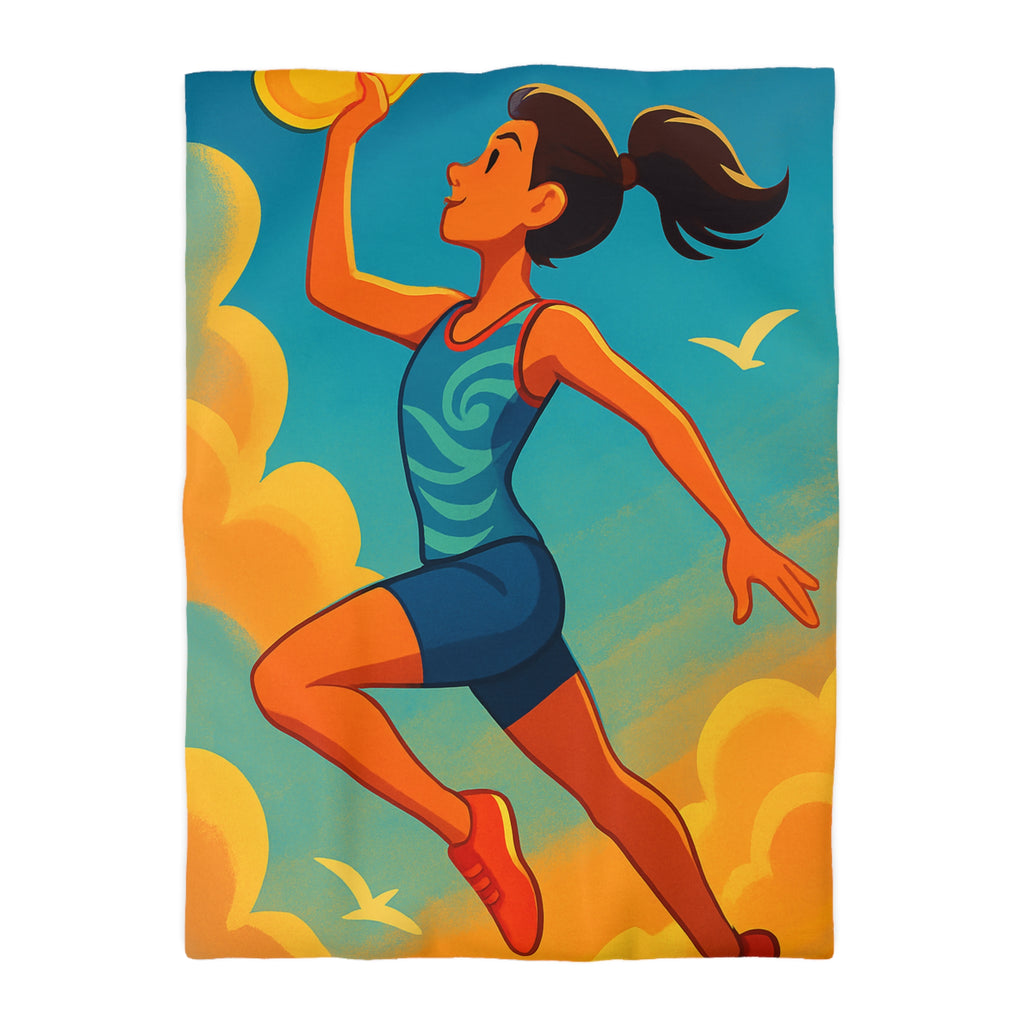 Housse de couette sportive colorée, femme jouant freesbee sous ciel bleu dynamique ultime