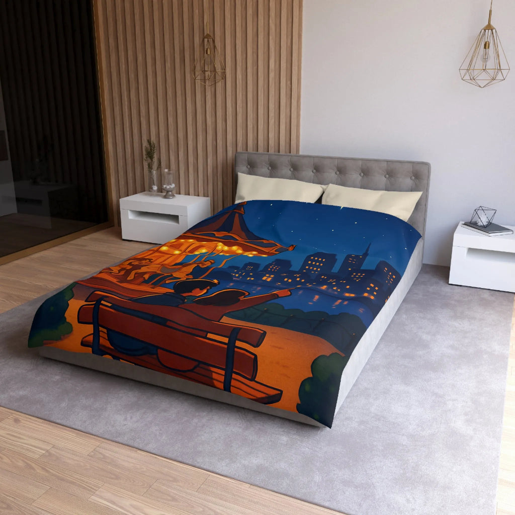 Housse de couette céleste avec carrousel lumineux et paysage urbain étoilé