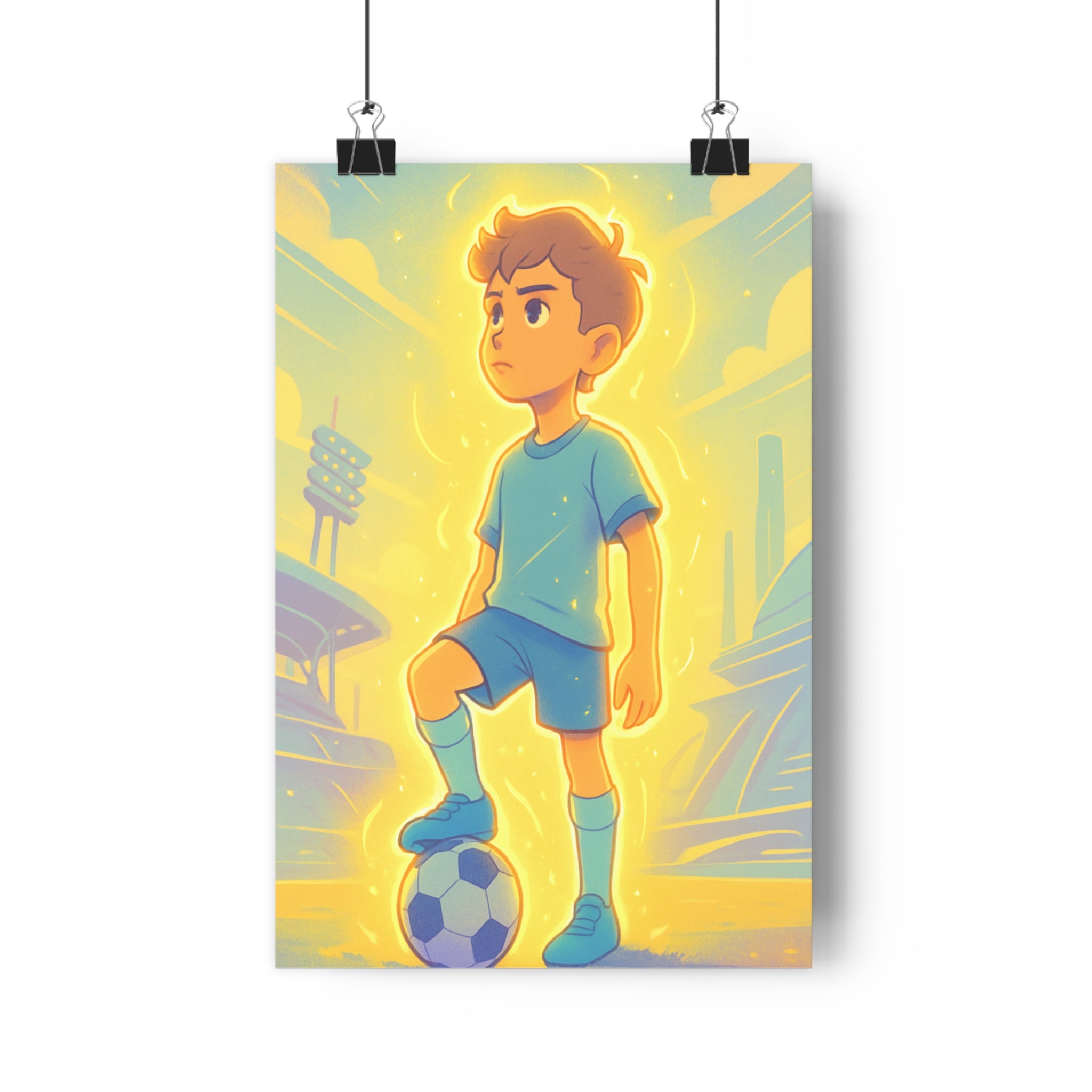 Poster décoratif moderne cartoon pastel jeune joueur football énergie chambre enfant confiance lumineux qualité