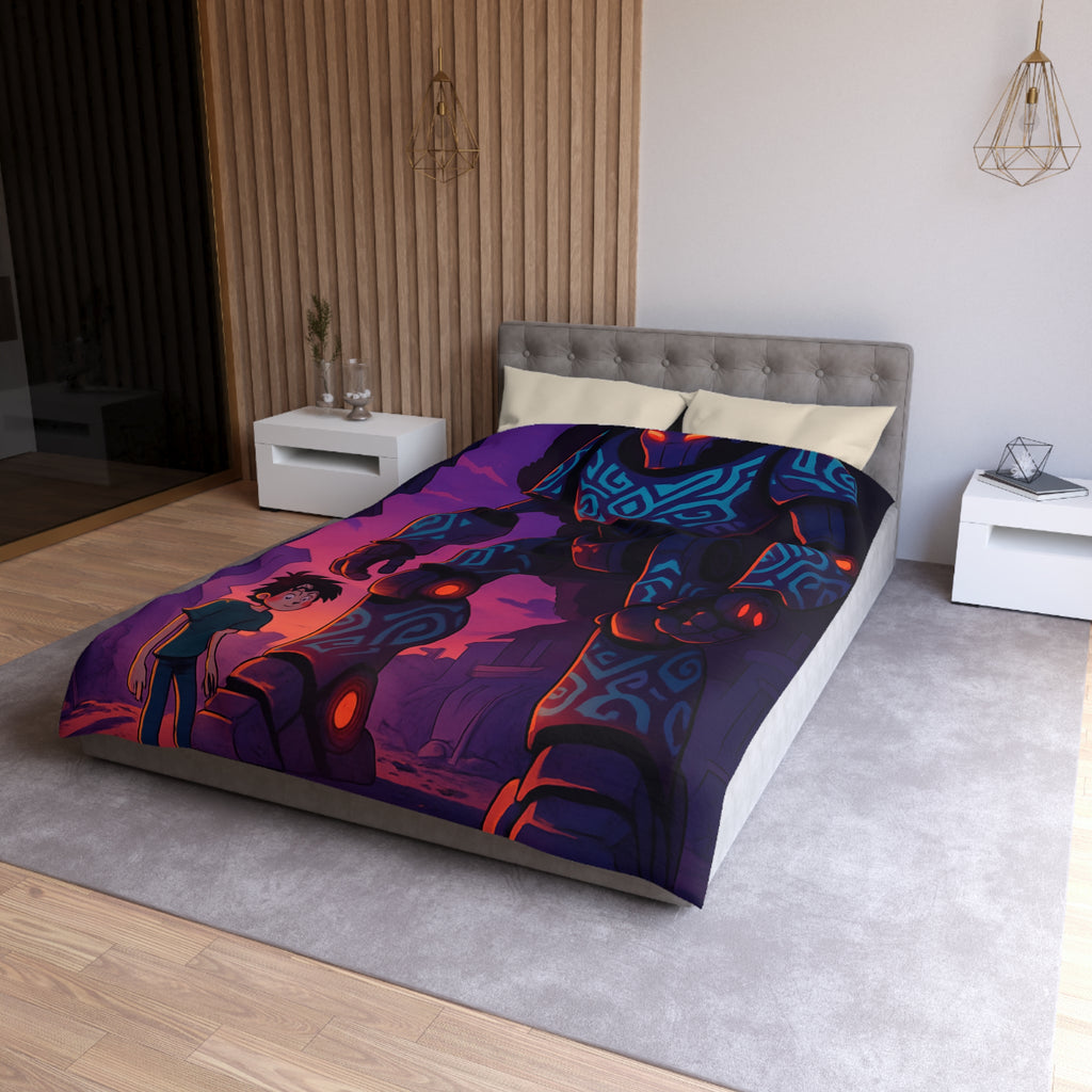 Housse de couette robot géant bleu lumineux, décor urbain vibrant et enfant émerveillé