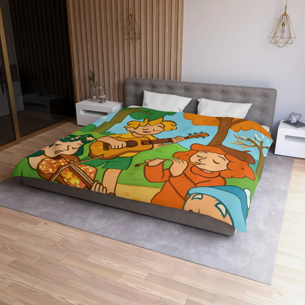 Housse de couette colorée avec enfants jouant de la musique en forêt automnale
