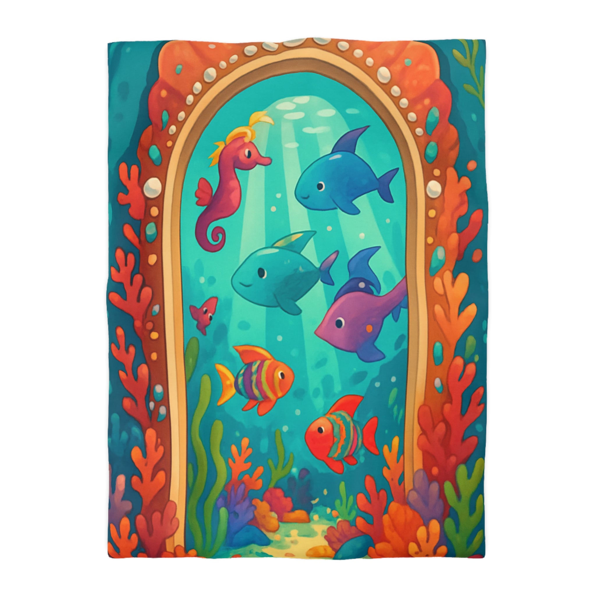 Housse de Couette Océanique avec Poissons Colorés, Coraux et Hippocampe Fantaisie Enchantés