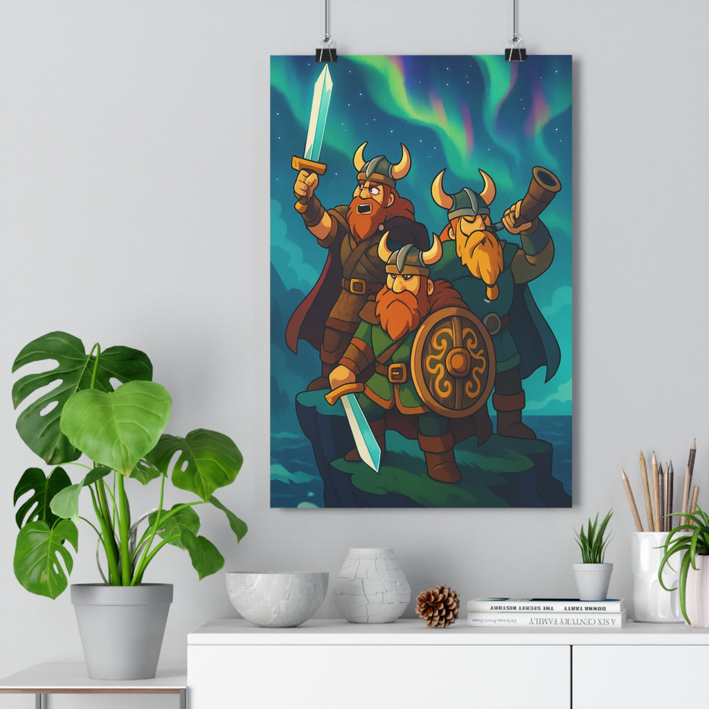 Poster décoratif cartoon épique vert bleu aventure bureau chambre guerriers nordiques format 30x46 cm