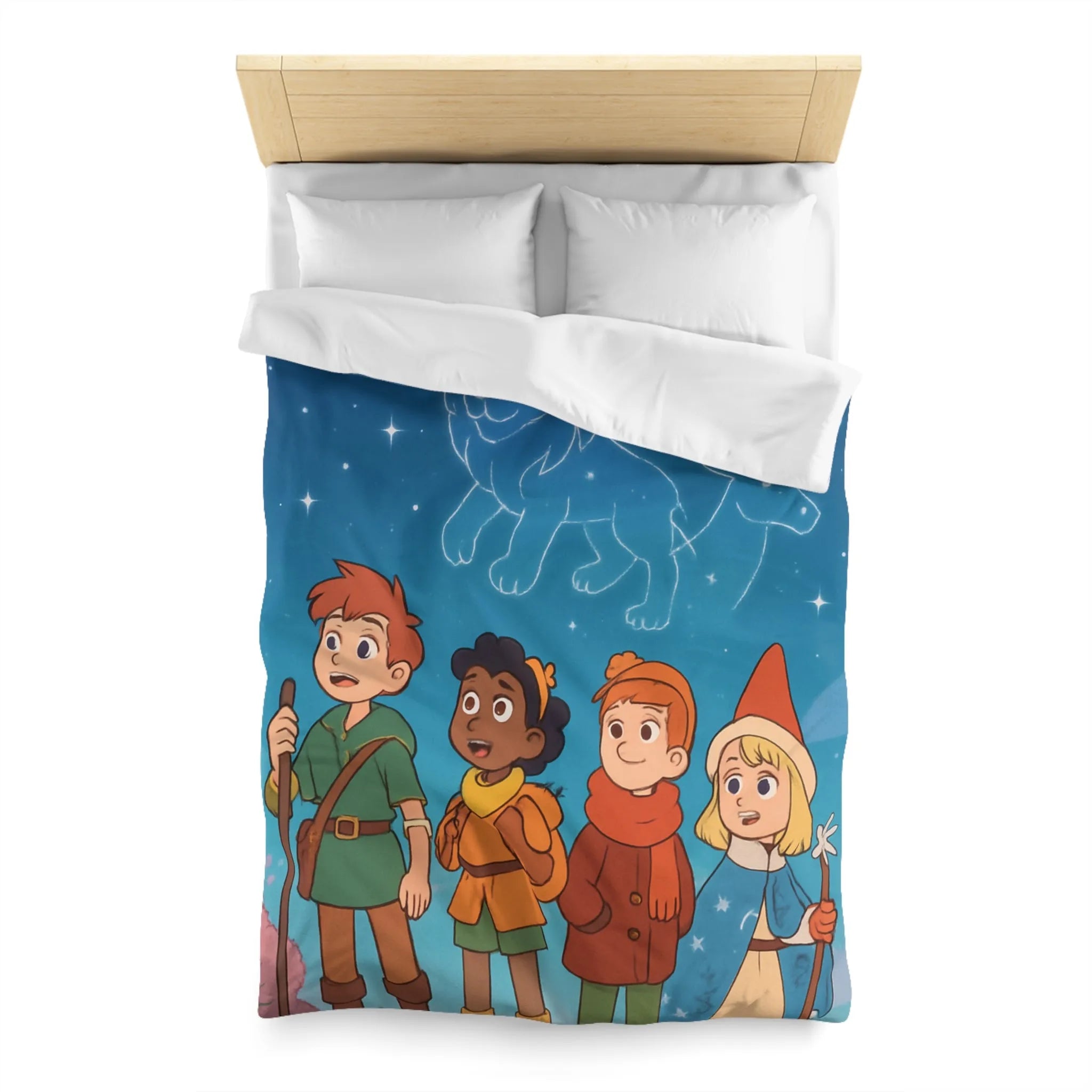 Housse de couette colorée avec enfants aventuriers et constellations nuit étoilée