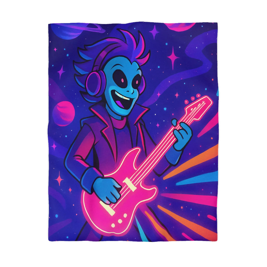 Housse de Couette Galactique avec Musicien Alien et Planètes Multicolores en Néon Vibrant