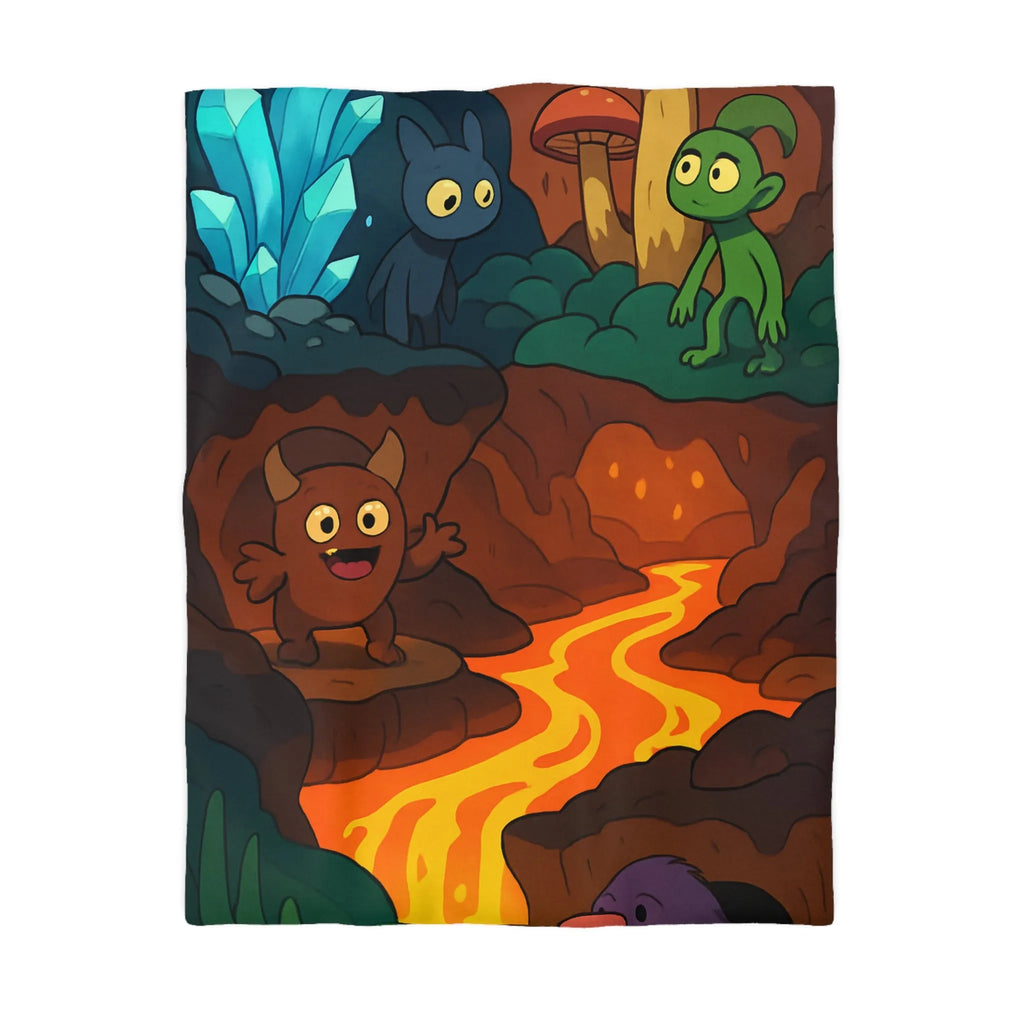 Housse de Couette Enfant Paradis Souterrain Magique avec Créatures Mystiques et Cristaux Lumineux