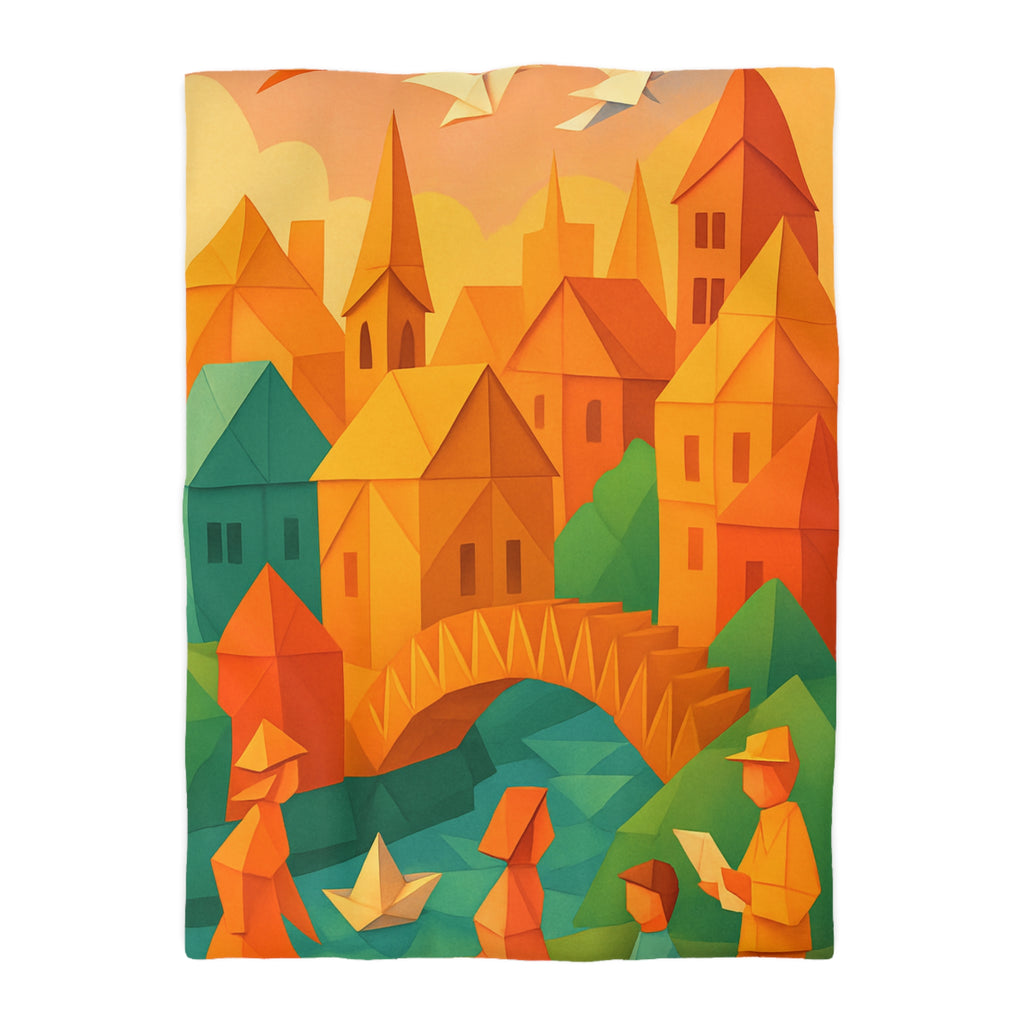 Housse de couette motif origami coloré avec paysage urbain et silhouettes humaines