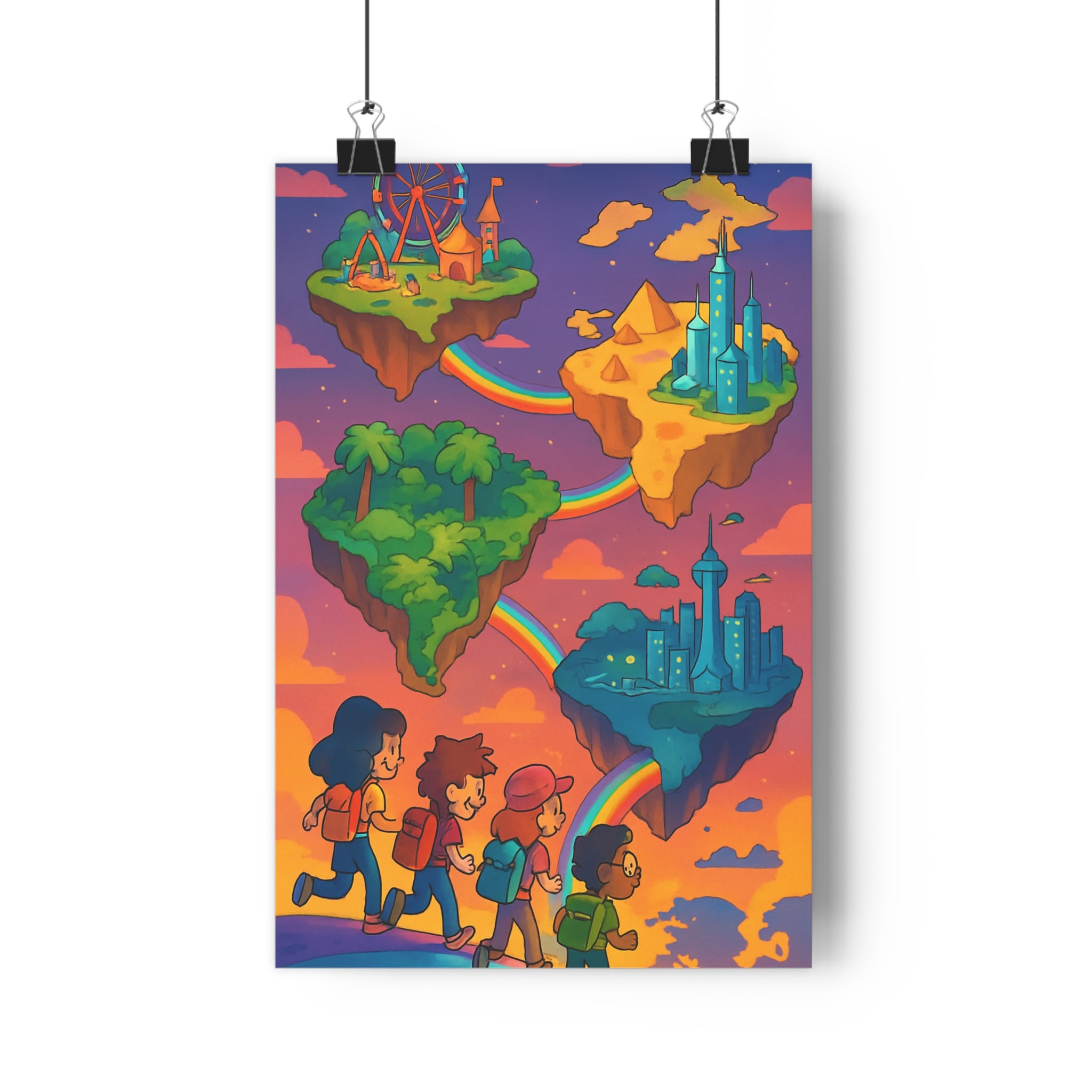 Poster décoratif cartoon aventure magique couleurs vives chambre enfants rêveur îles flottantes imaginaire carte