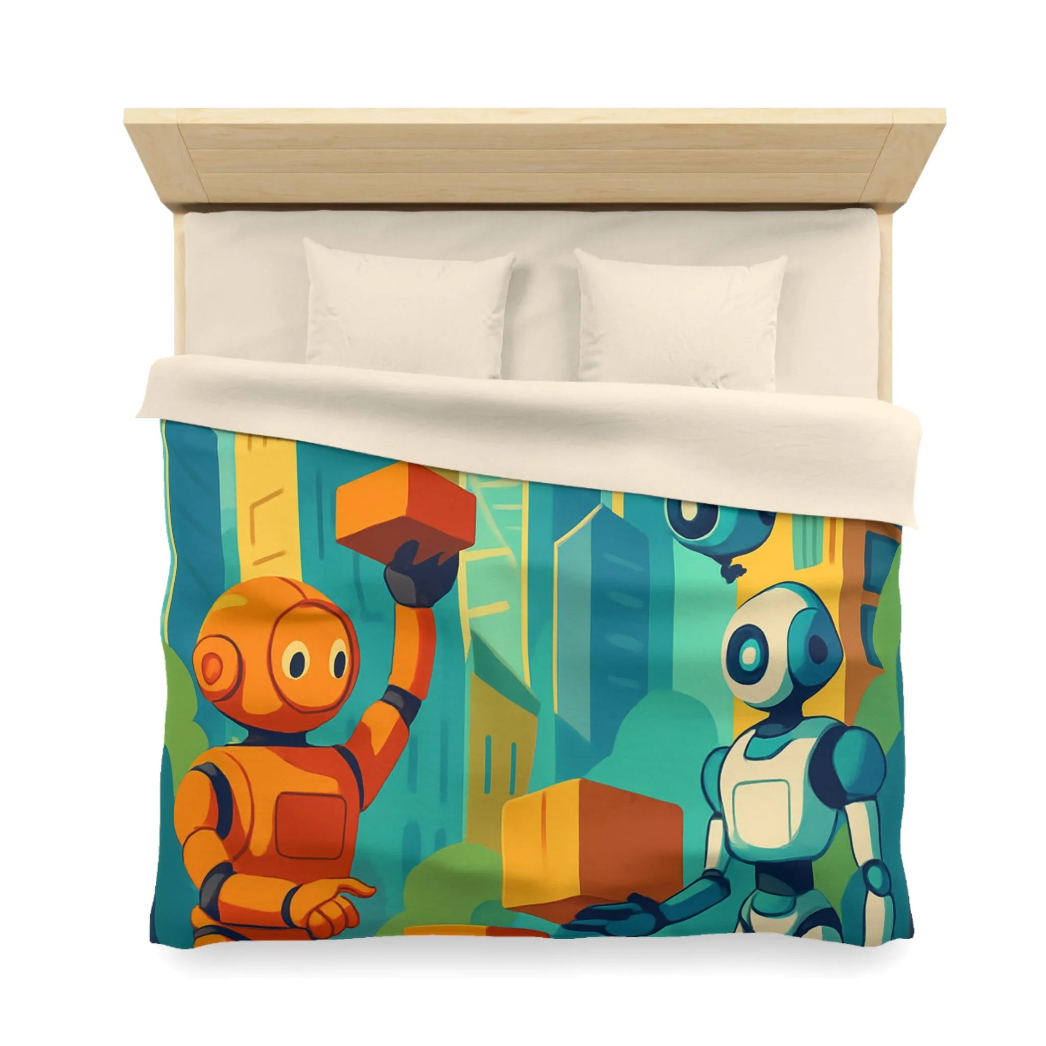 Housse de couette futuriste avec robots colorés dans une ville moderne lumineuse