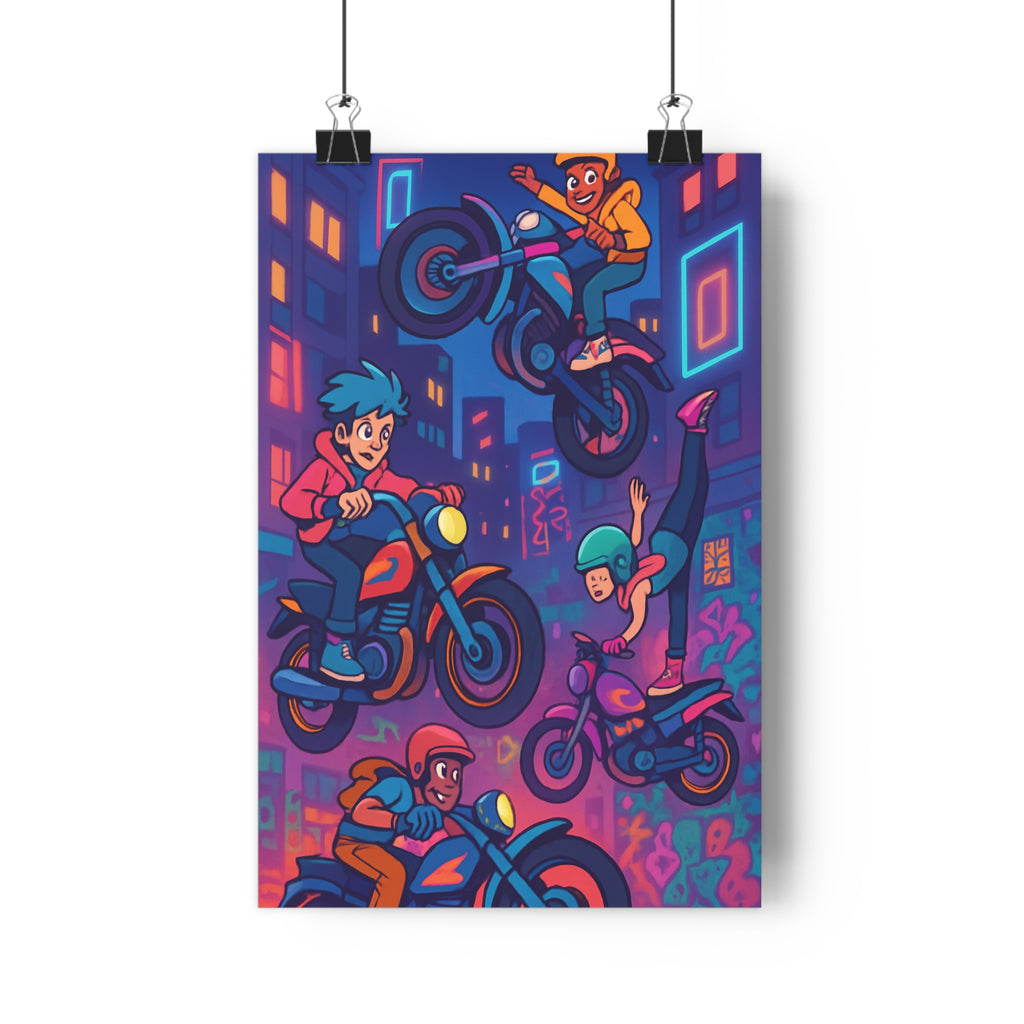 Poster décoratif cartoon dynamique motocross urbain vibrant coloré action chambre salon énergie audacieuse qualité