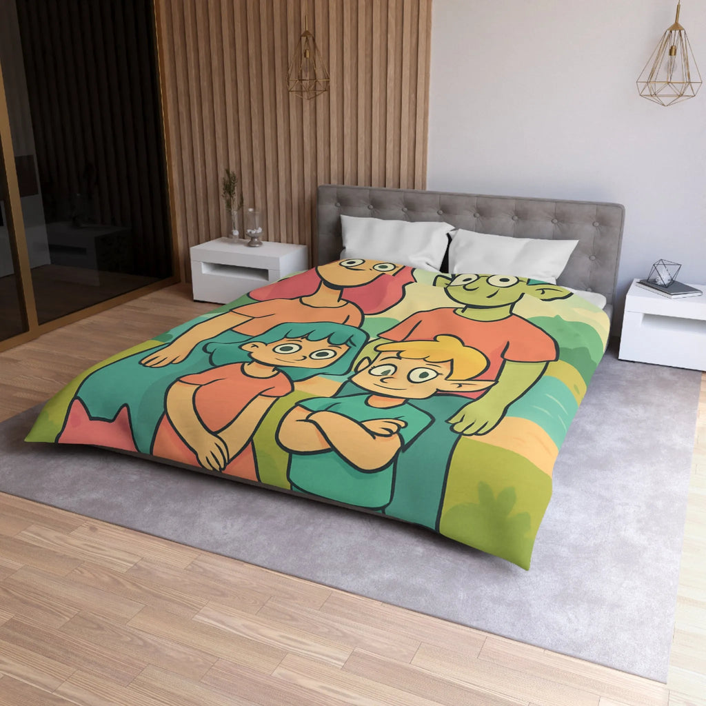 Housse de couette chaleureuse illustrant une famille enchantée et ses animaux compagnons ludiques
