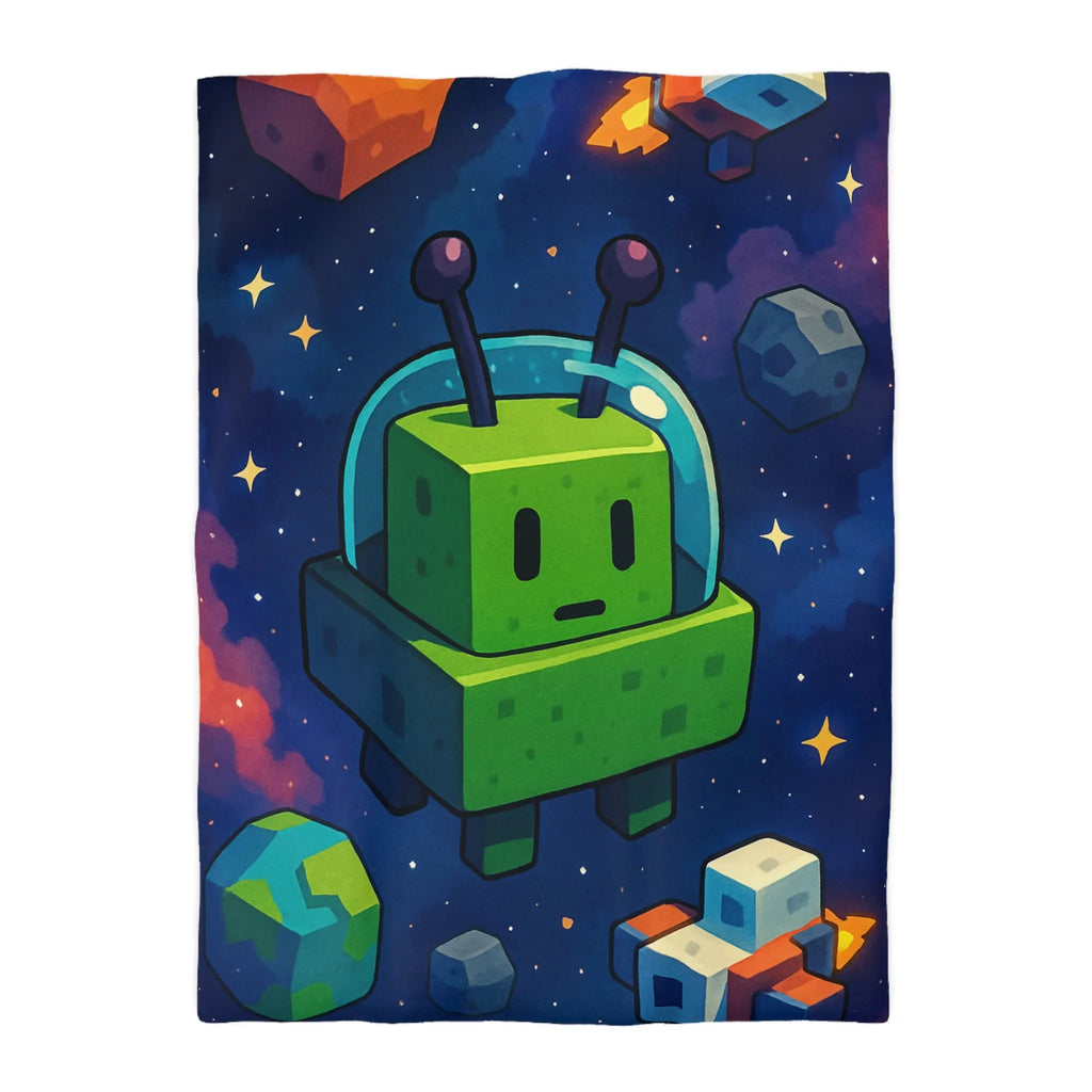 Housse de Couette Cosmos mignon extraterrestre vert cubique et planètes pixelisées