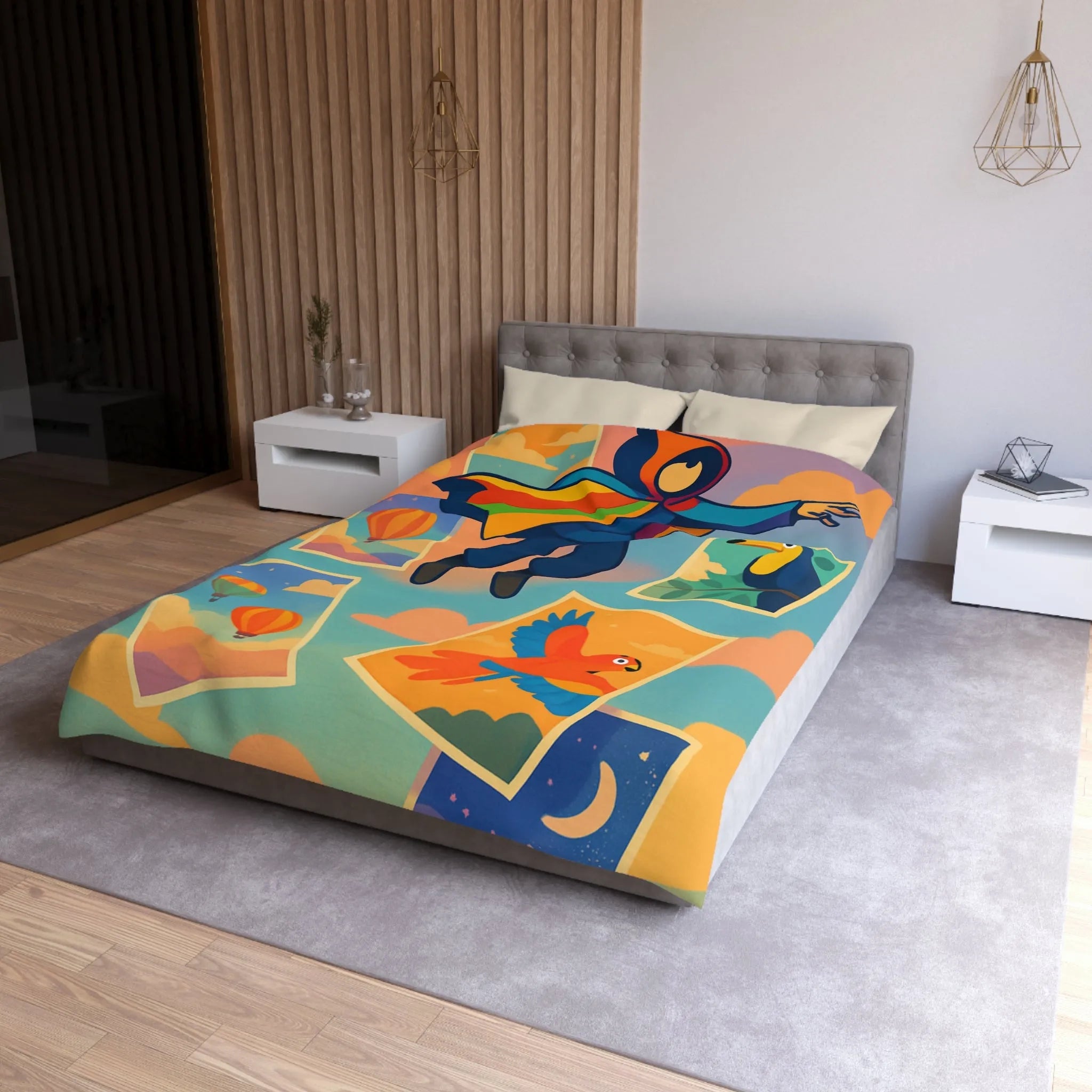 Housse de couette colorée avec motifs d'aventure de montgolfières et oiseaux exotiques