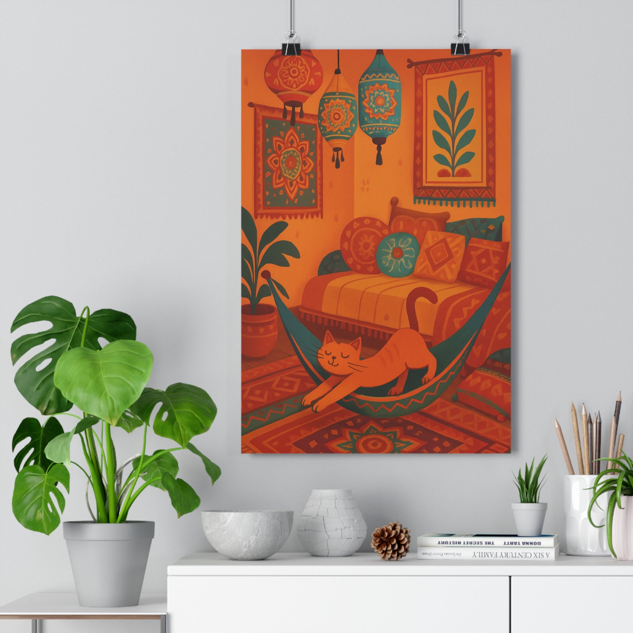 Poster décoratif bohème chic orange bleu jaune chat hamac salon cosy intérieur chaleureux tendance