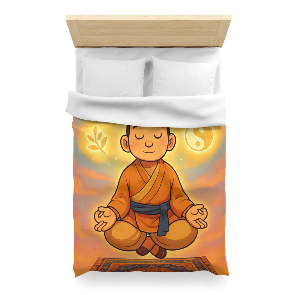 Housse de couette zen avec méditation, symboles spirituels, orange et bleu apaisant