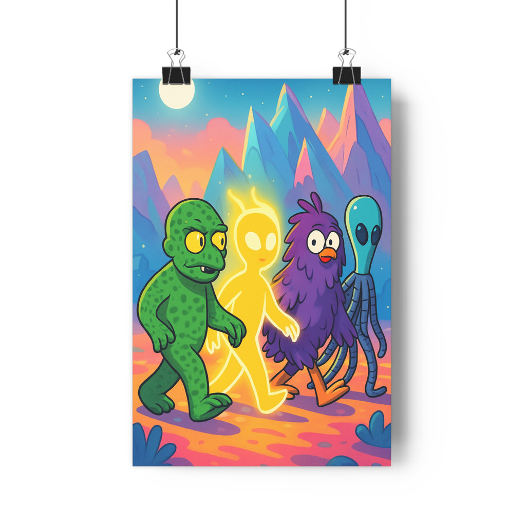 Poster décoratif coloré créatures extraterrestres paysage animé moderne chambre enfant vibrant fantastique joyeux unique
