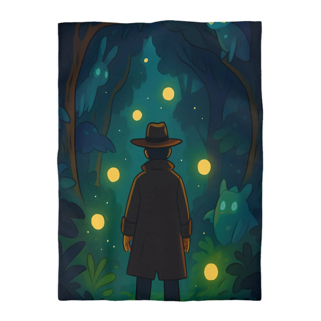 Housse de Couette Forêt Mystique avec Créatures Lumineuses et Promeneur en Chapeau
