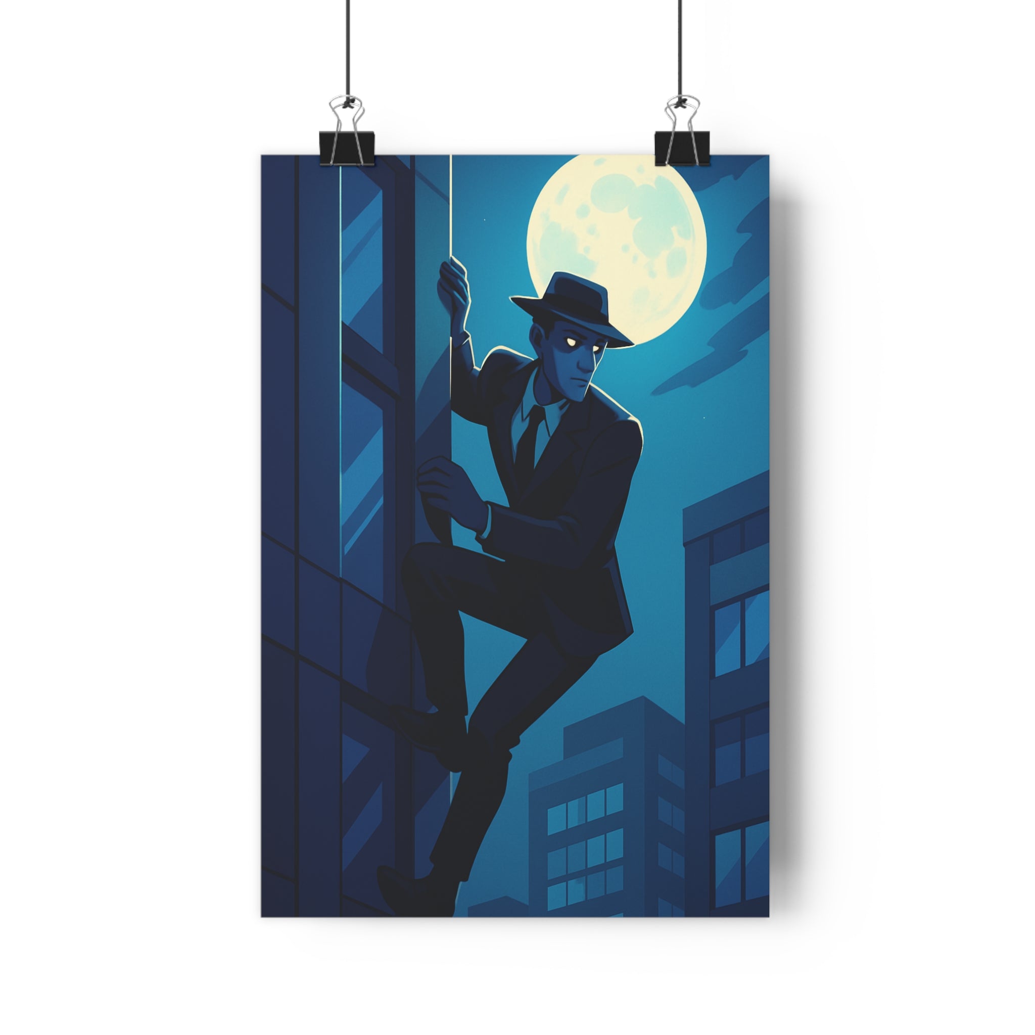 Poster décoratif homme élégant costume monochrome bleu cartoon mystérieux film noir salon bureau 30x46