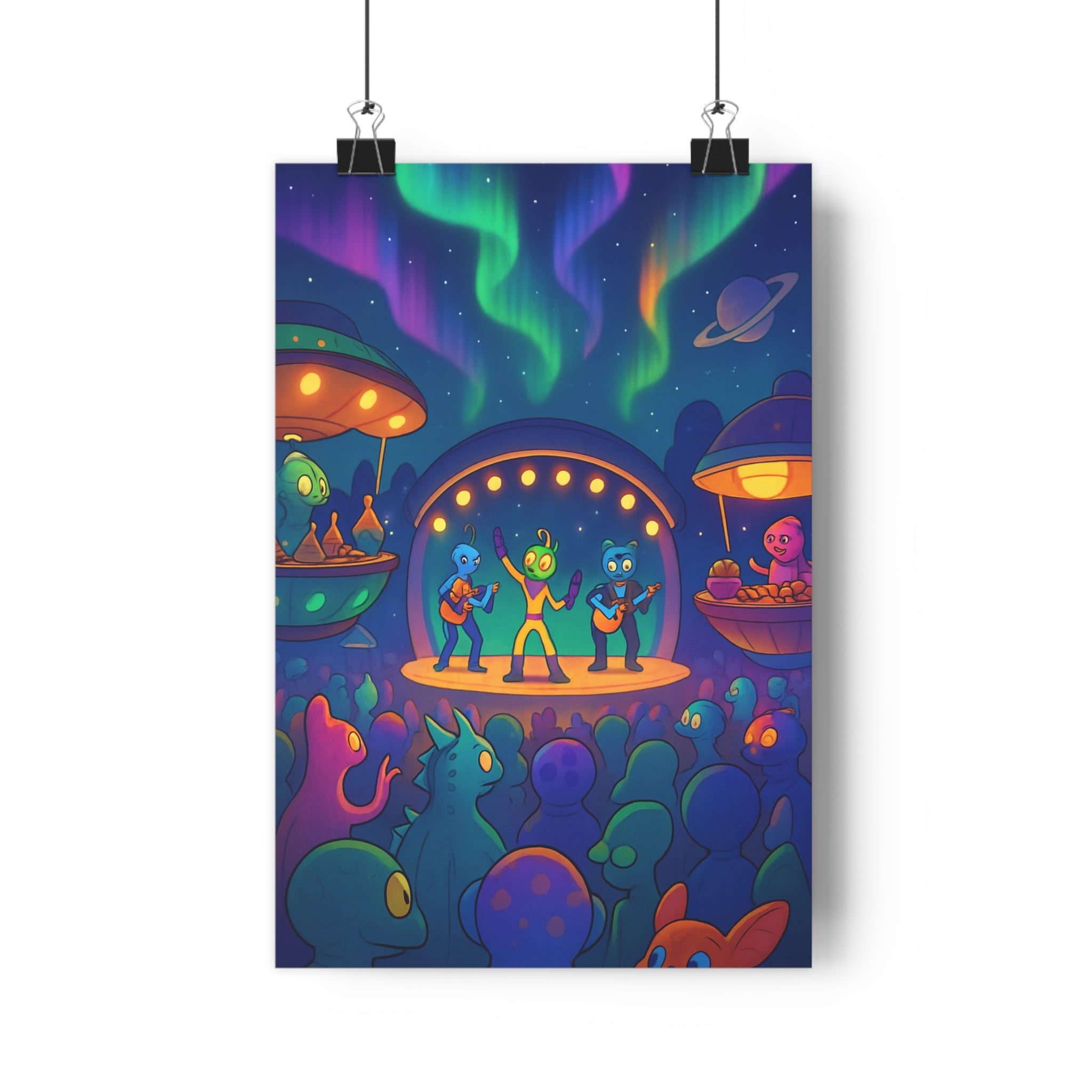 Poster décoratif festival intergalactique extraterrestres coloré joyeux cartoon ambiance fantastique salon chambre moderne unique