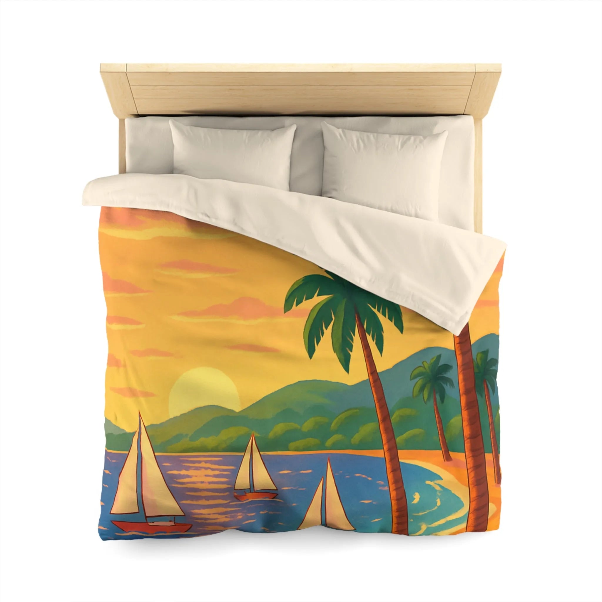Housse de couette avec motif tropical, plage, palmiers et voiliers au coucher de soleil