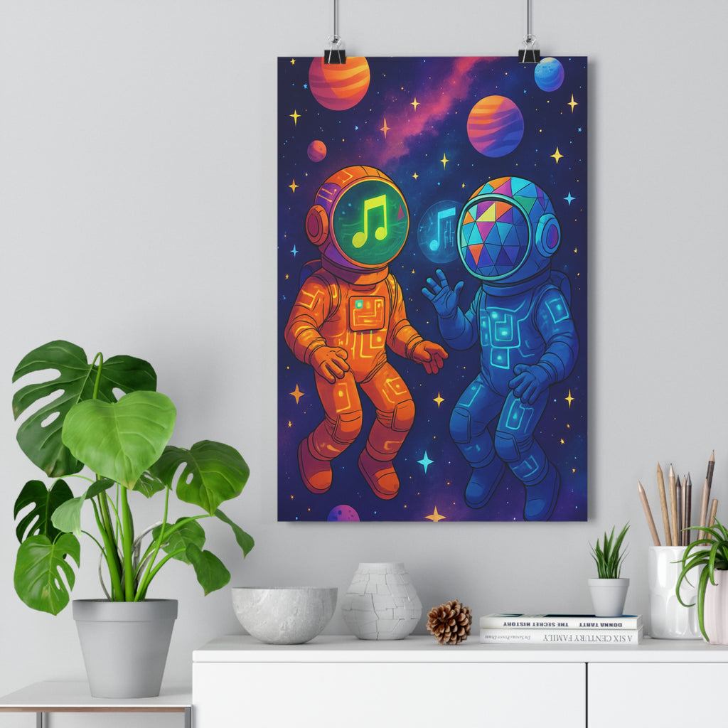 Poster décoratif moderne astronautes orange bleu musique cosmique futuriste bureau chambre ambiance tendance qualité