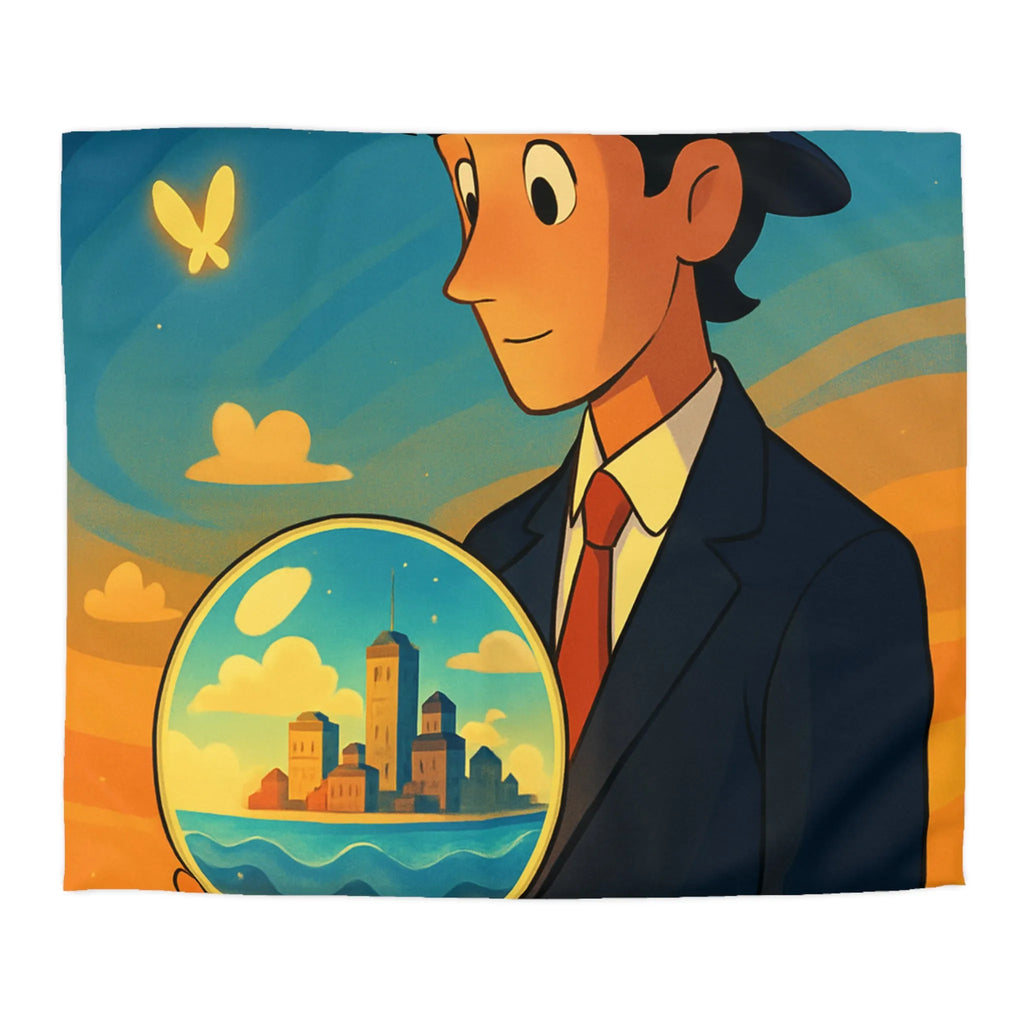 Housse de couette avec illustration surréaliste d'un homme tenant une sphère magique