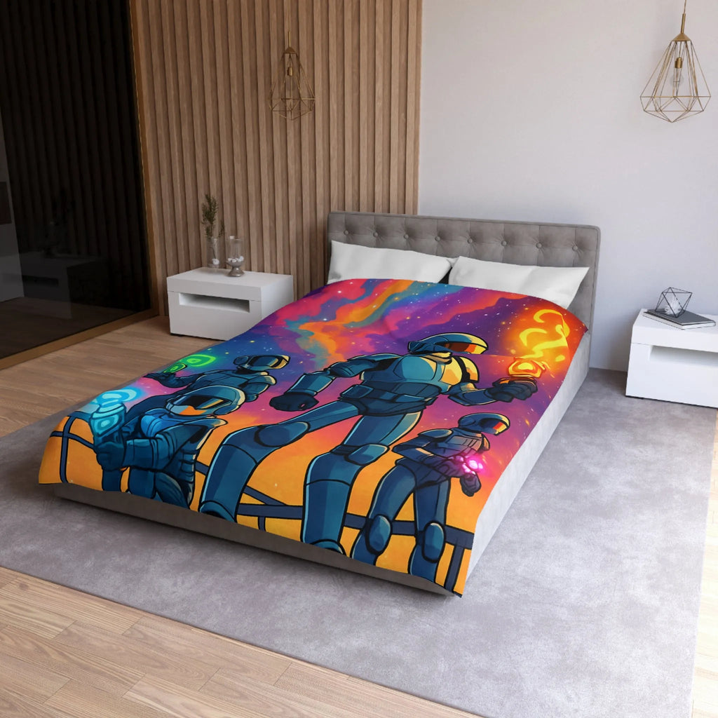 Housse de couette futuriste colorée avec quatre astronautes sous galaxie vibrante et étoilée