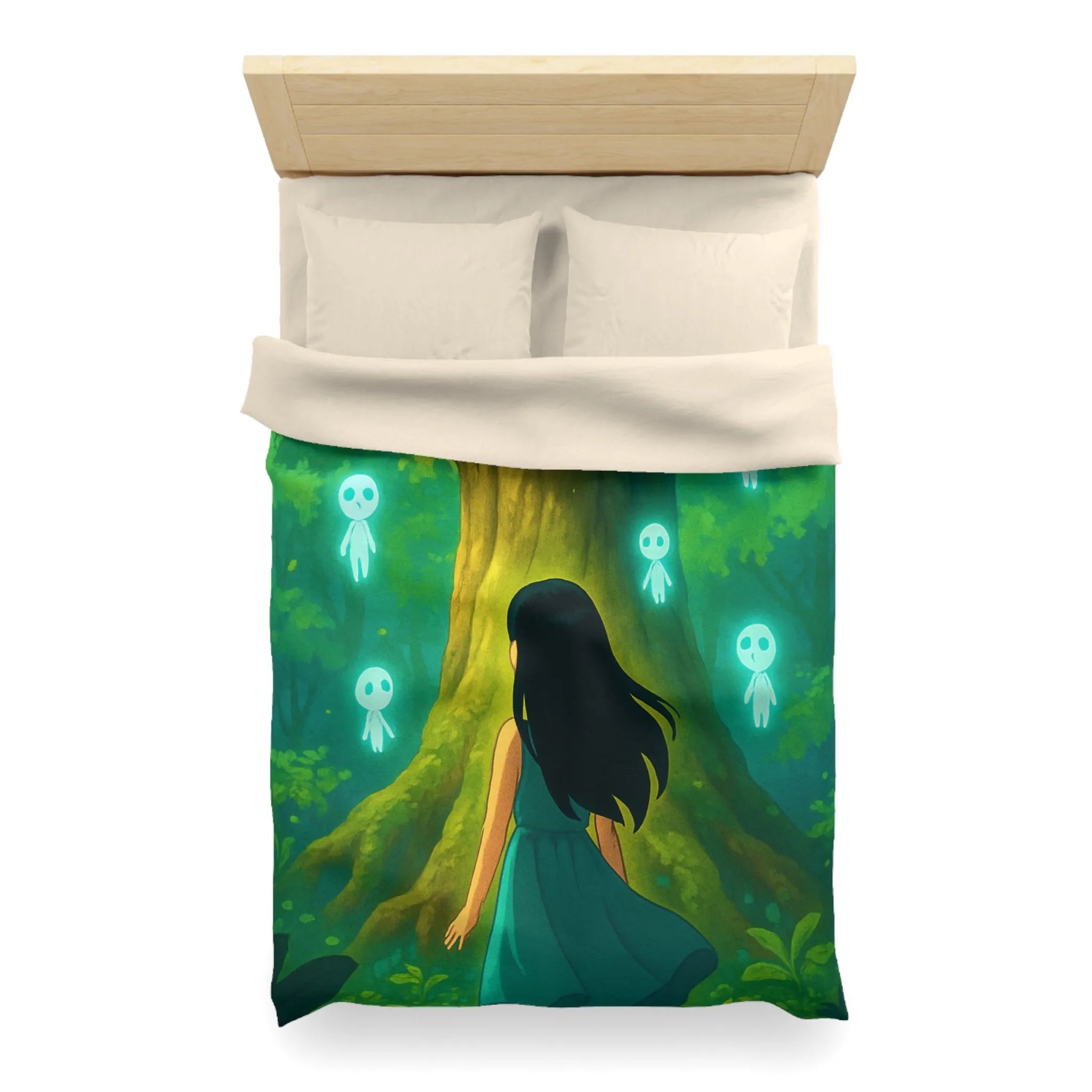 Housse de couette forêt mystique avec fille et esprits lumineux style onirique enchanteur