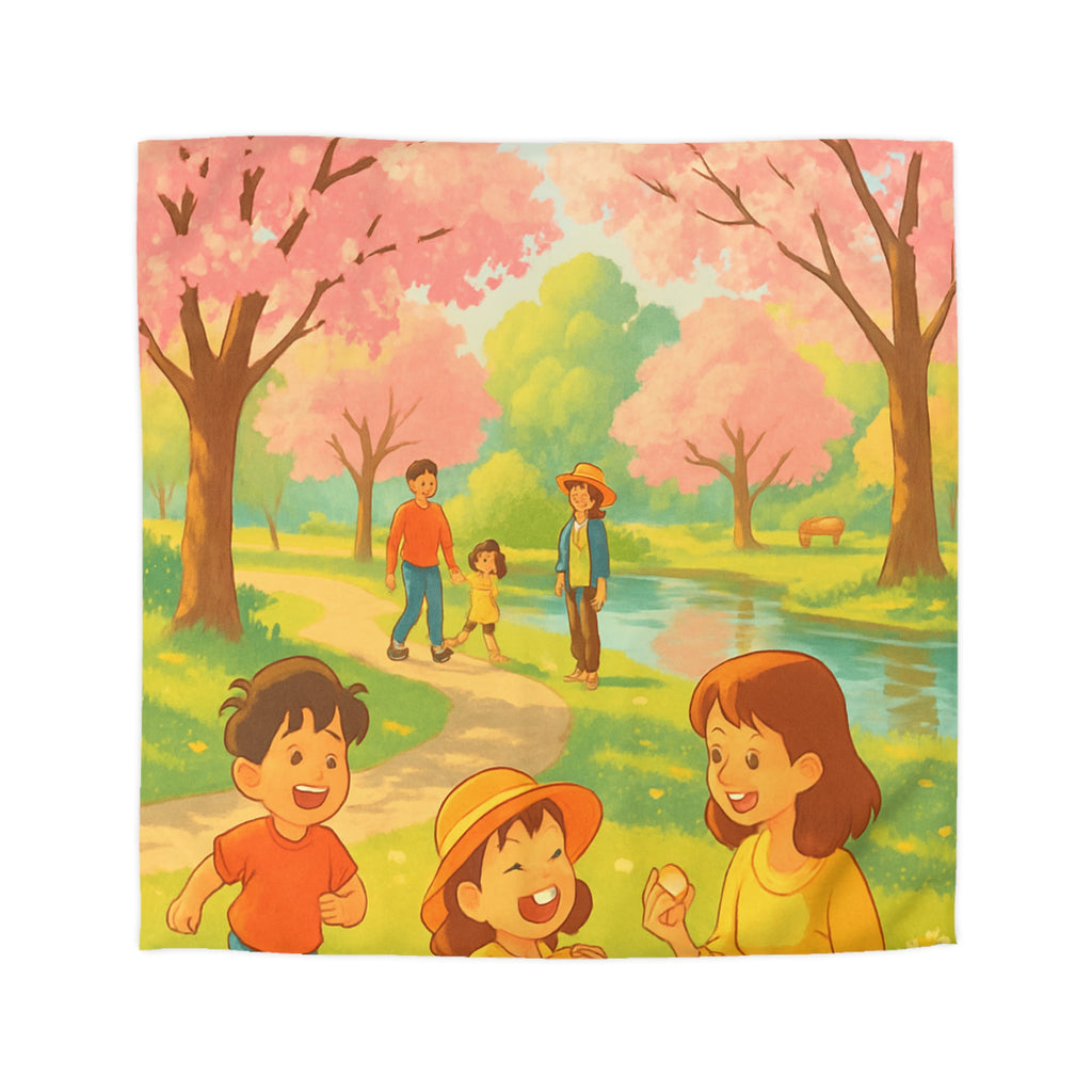 Housse de Couette Printanière avec Scène de Pique-nique Sous Cerisiers en Fleurs