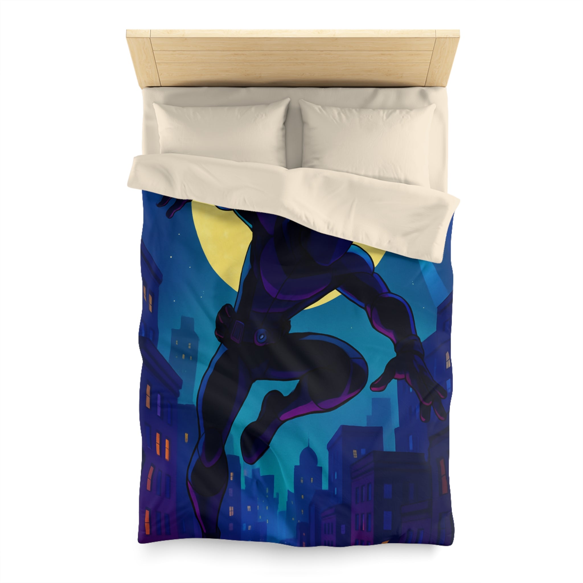 Housse de couette super-héros noir sautant devant une pleine lune et des drones urbains