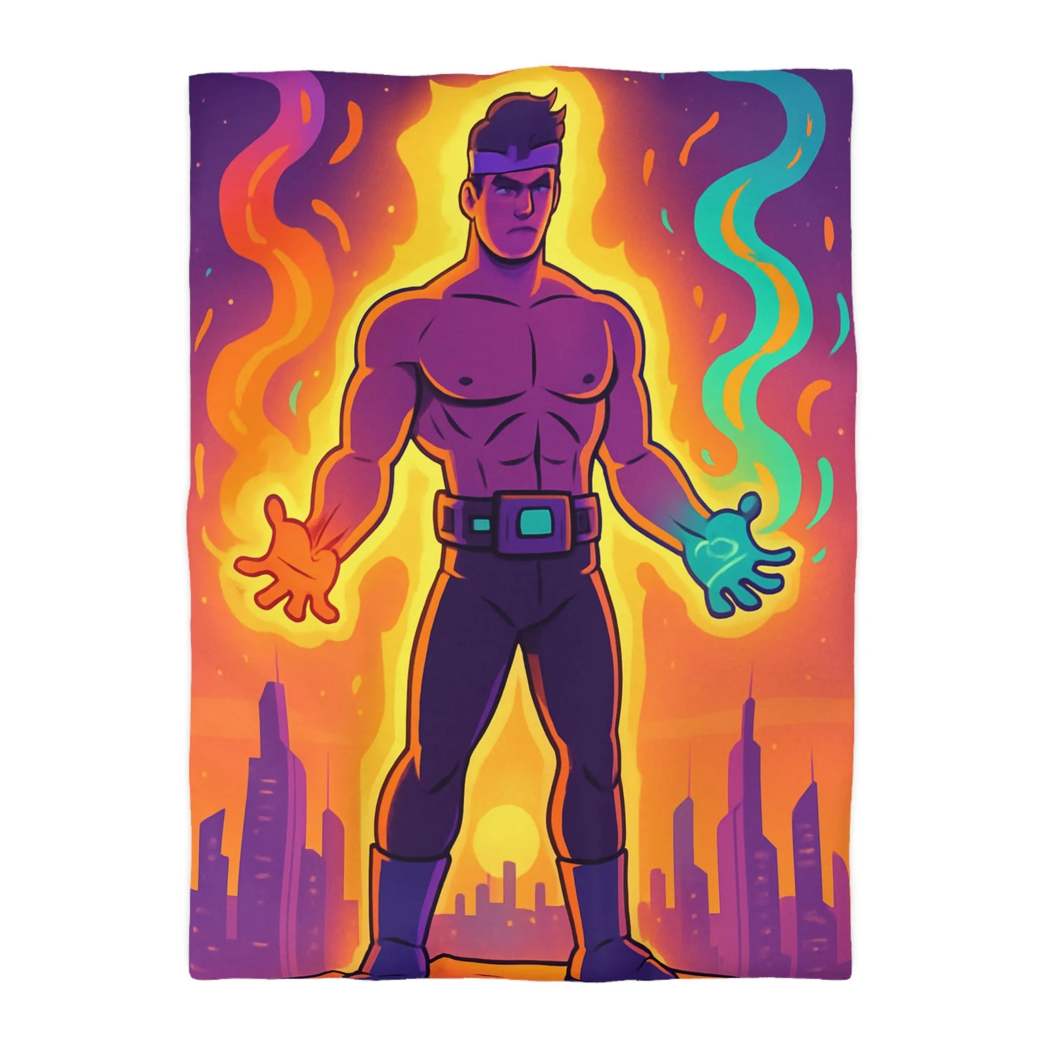 Housse de couette avec héros des éléments enflammés et lumineux sur fond de ville