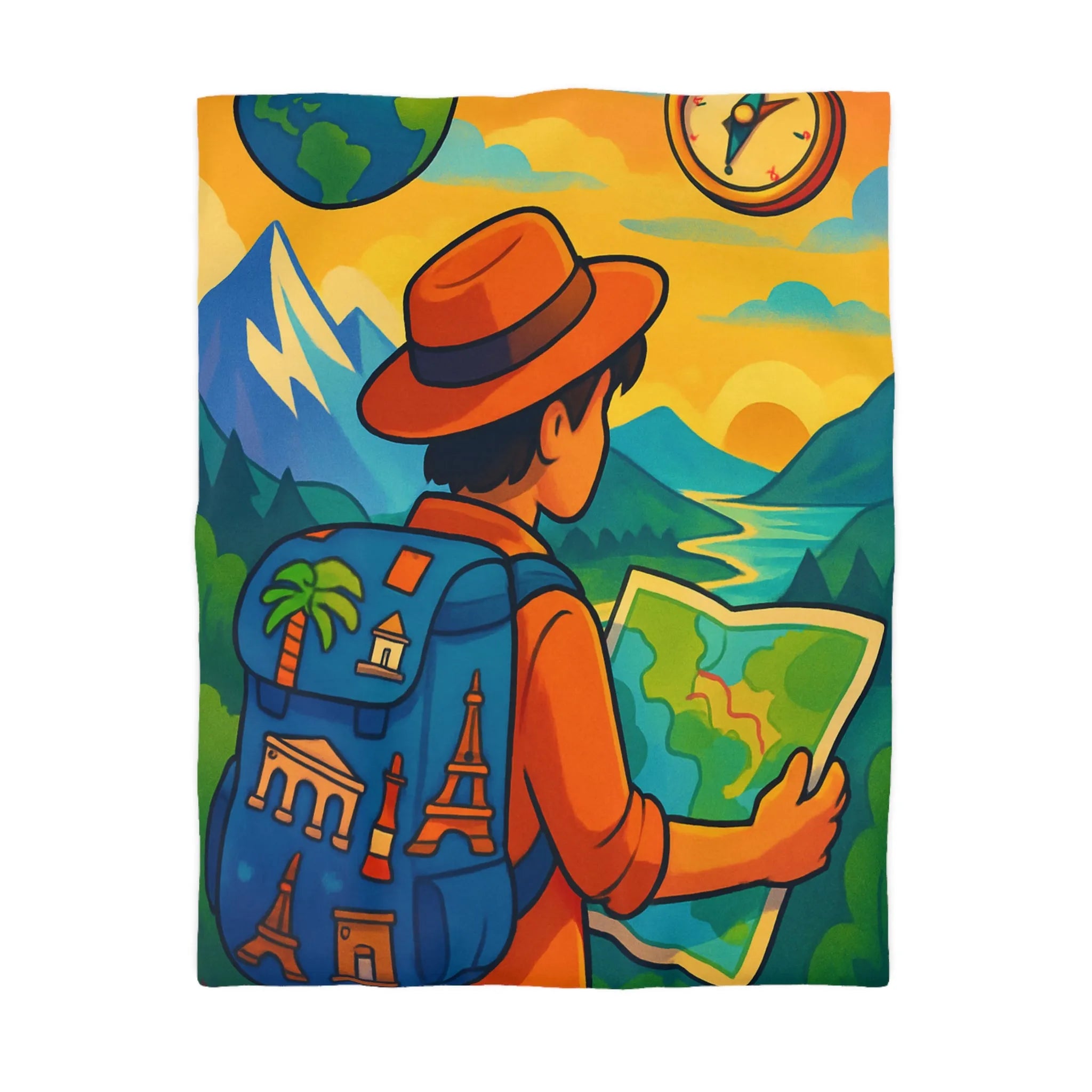 Housse de couette explorateur colorée avec carte, montagnes, boussole et monuments célèbres