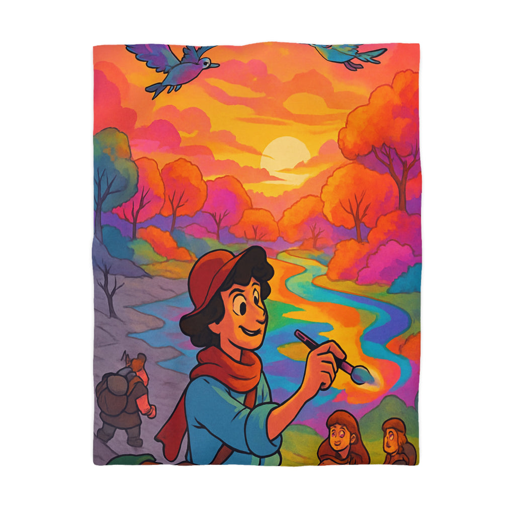 Housse de couette vibrante avec scène artistique de paysage coloré et aventure magique