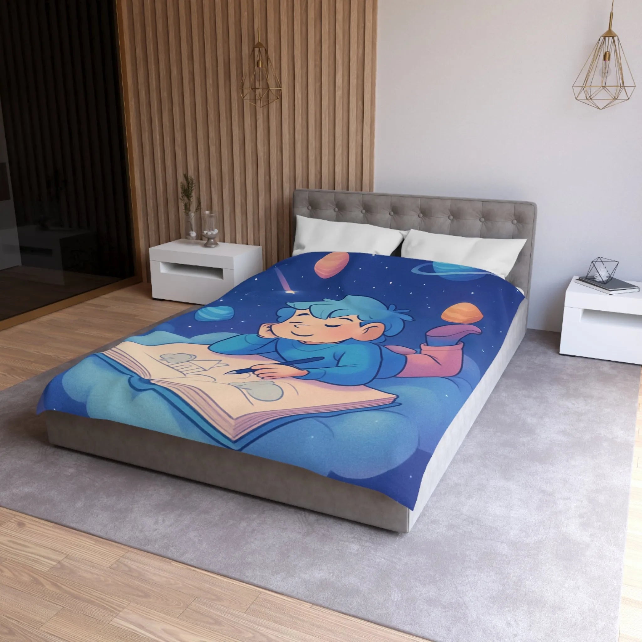 Housse de couette enfant rêve étoilé avec cosmos et garçon sur nuage