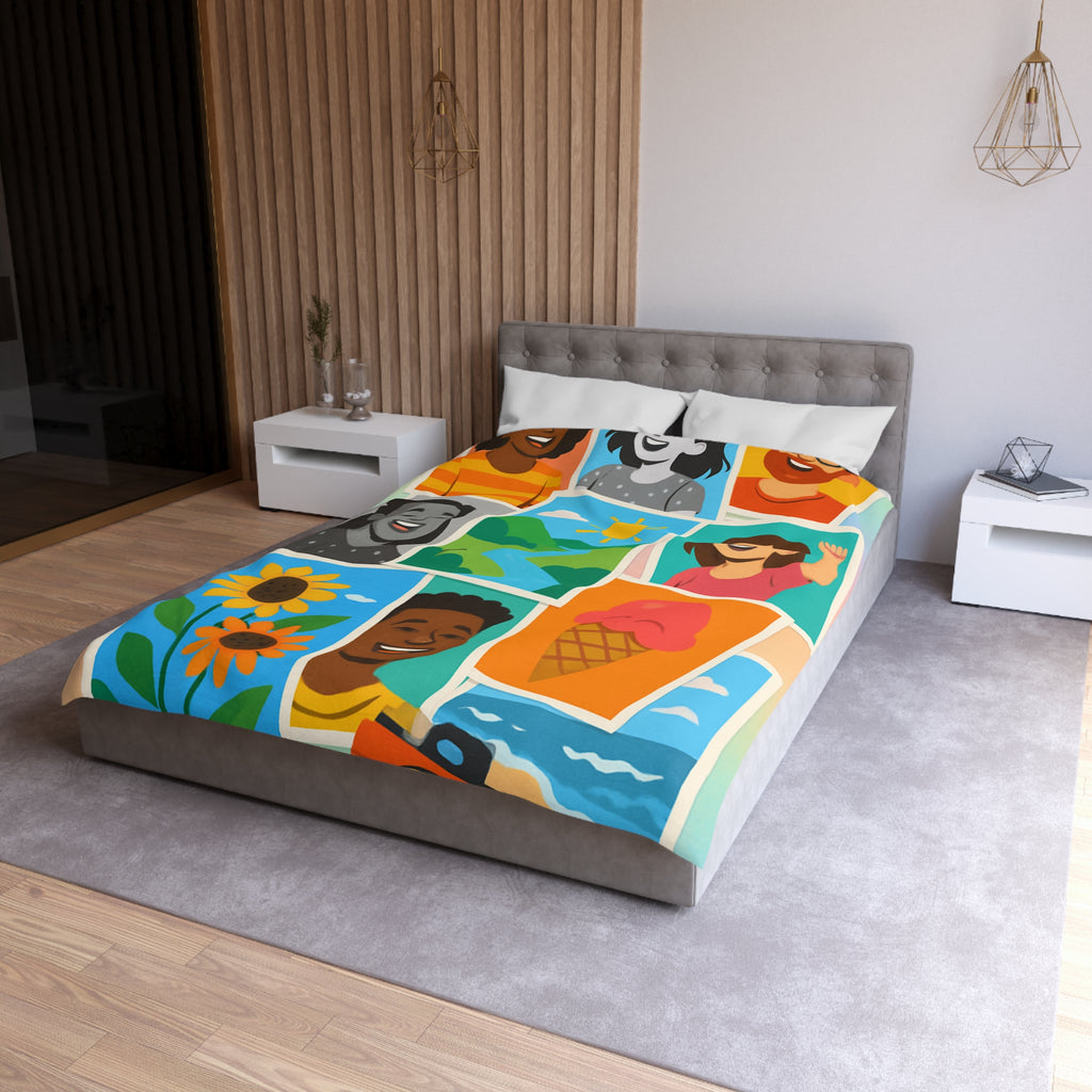 Vibrante housse de couette colorée avec portraits joyeux et paysages ensoleillés pour chambre