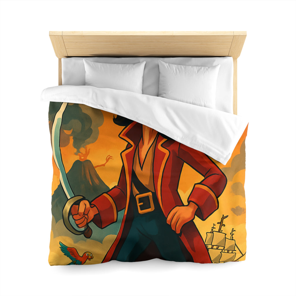 Housse de couette pirate vibrante avec perroquets colorés, volcan actif et bateau en mer
