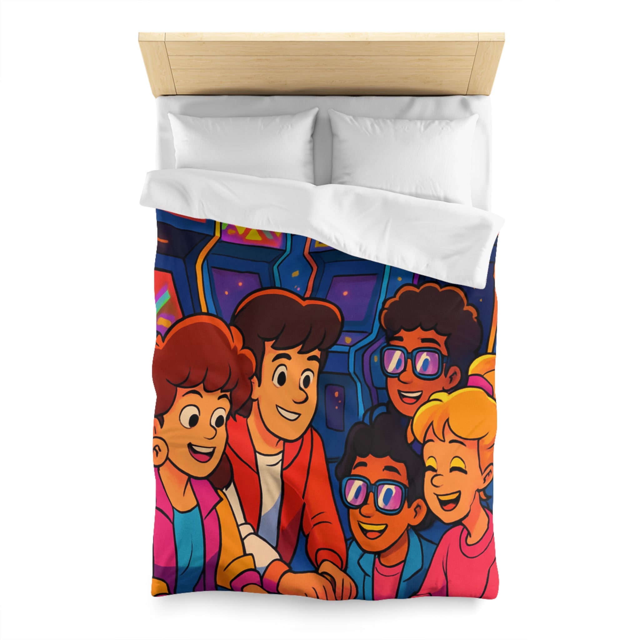 Housse de couette vibrante années 80 avec motifs arcades et ambiance rétro lumineuse