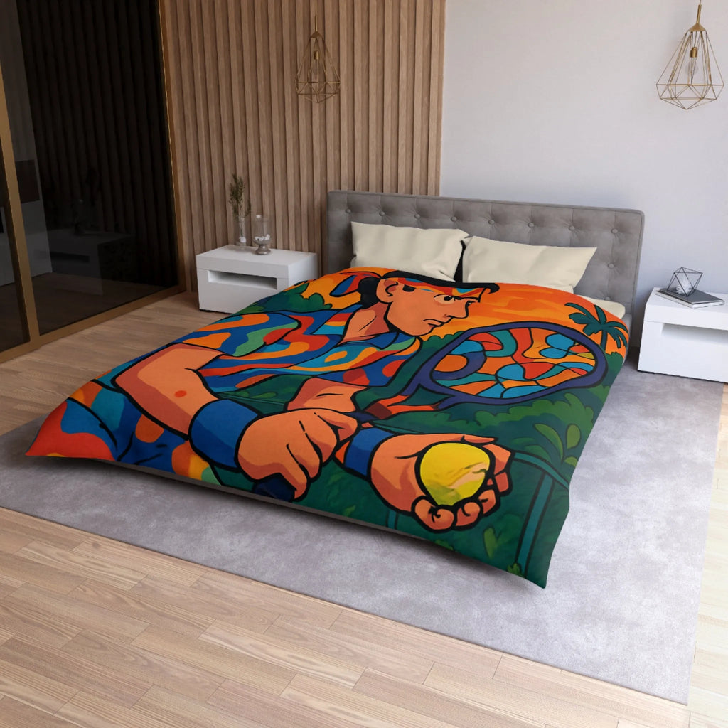 Housse de Couette Colorée Tennis Design Vibrant avec Joueur en Action et Palmiers