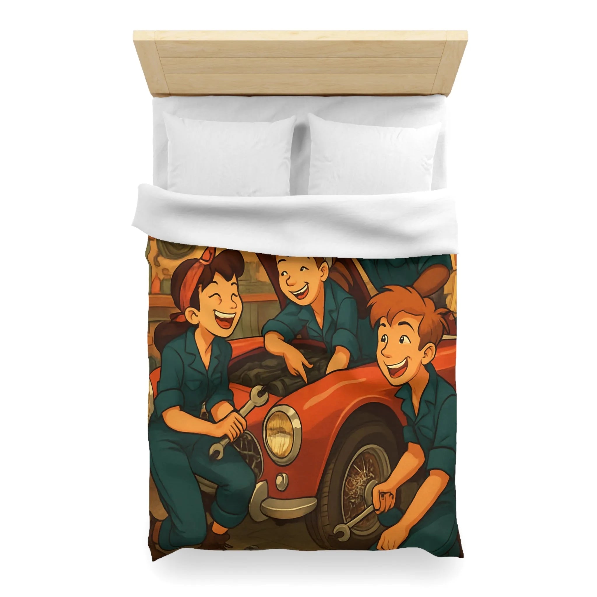 Housse de couette atelier mécanique vintage avec jeunes mécaniciens et voiture rouge joyeuse