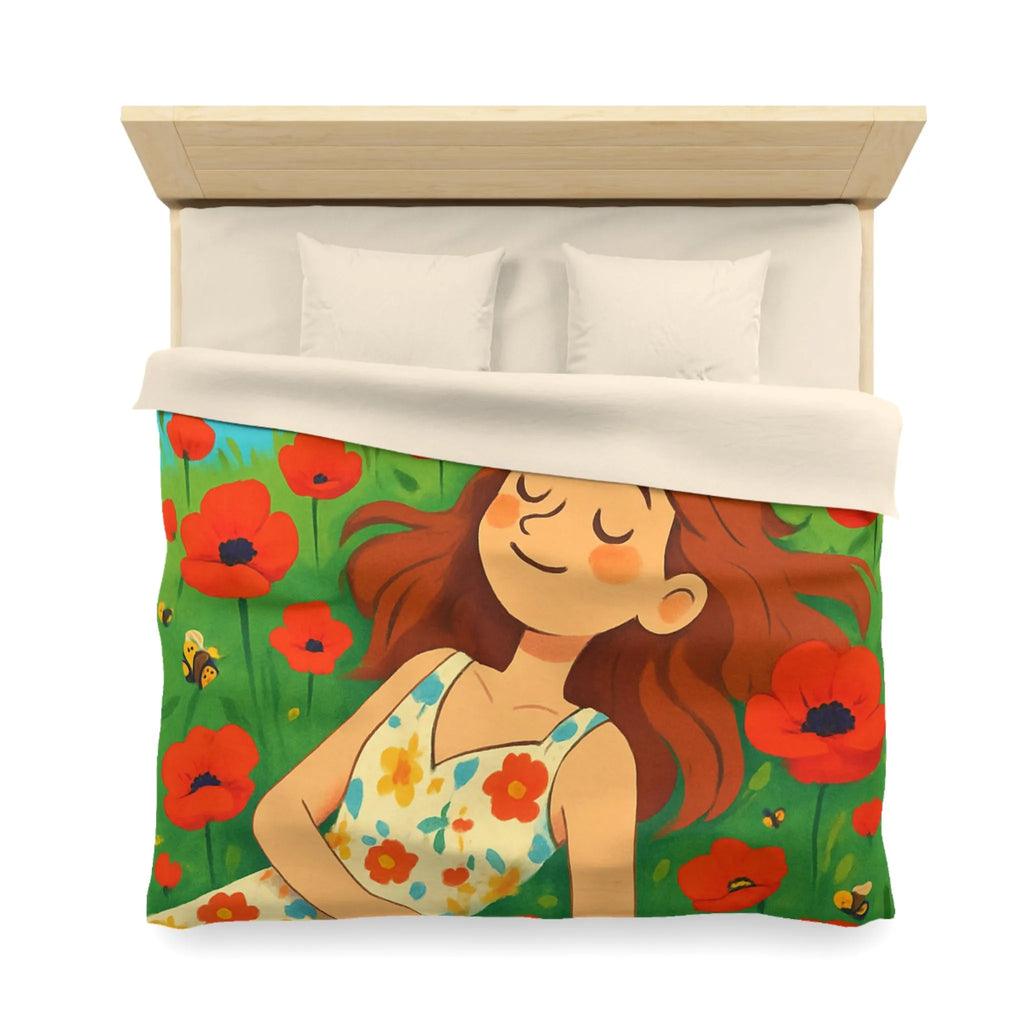 Housse de couette colorée avec motif floral et personnage rêveur en été ensoleillé