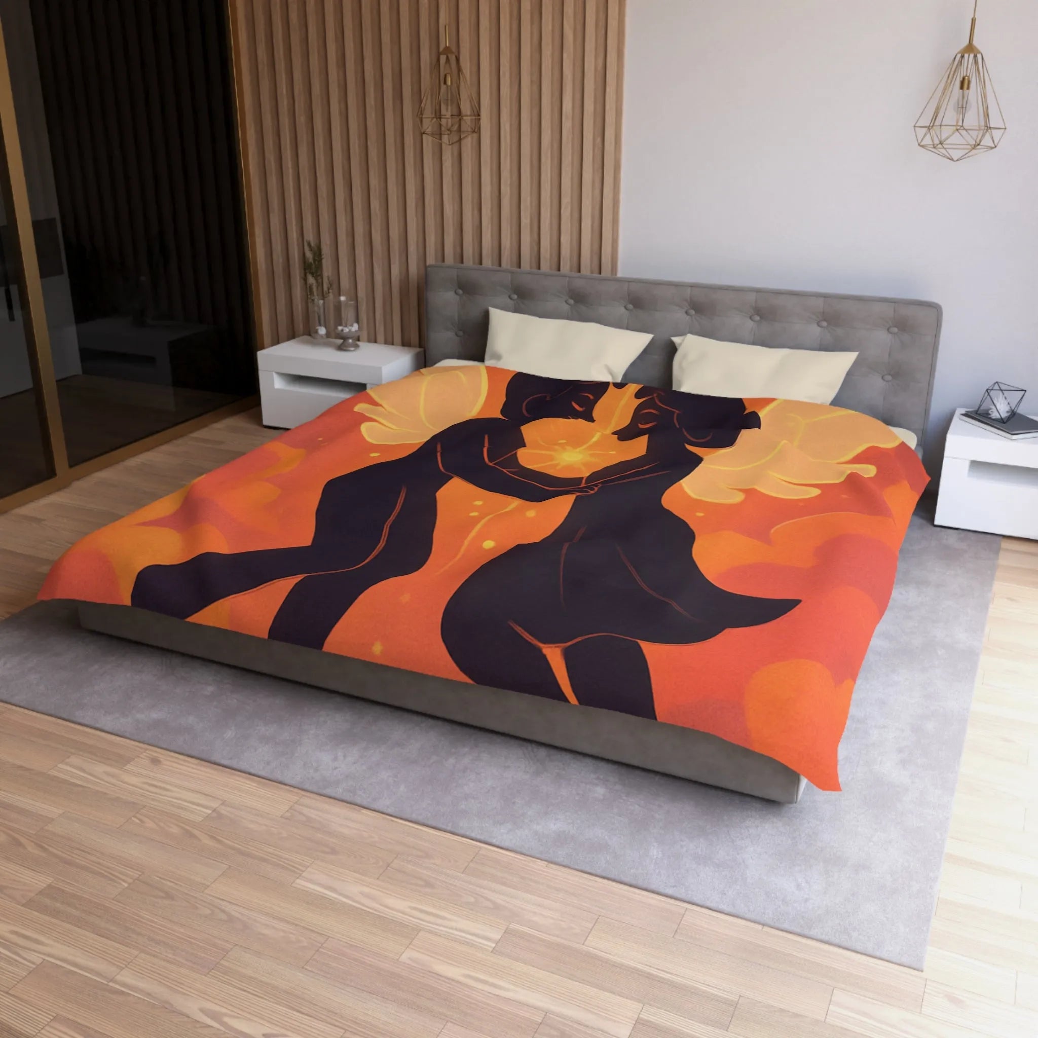 Housse de couette avec anges amoureux flottant dans nuages orangés dorés au crépuscule