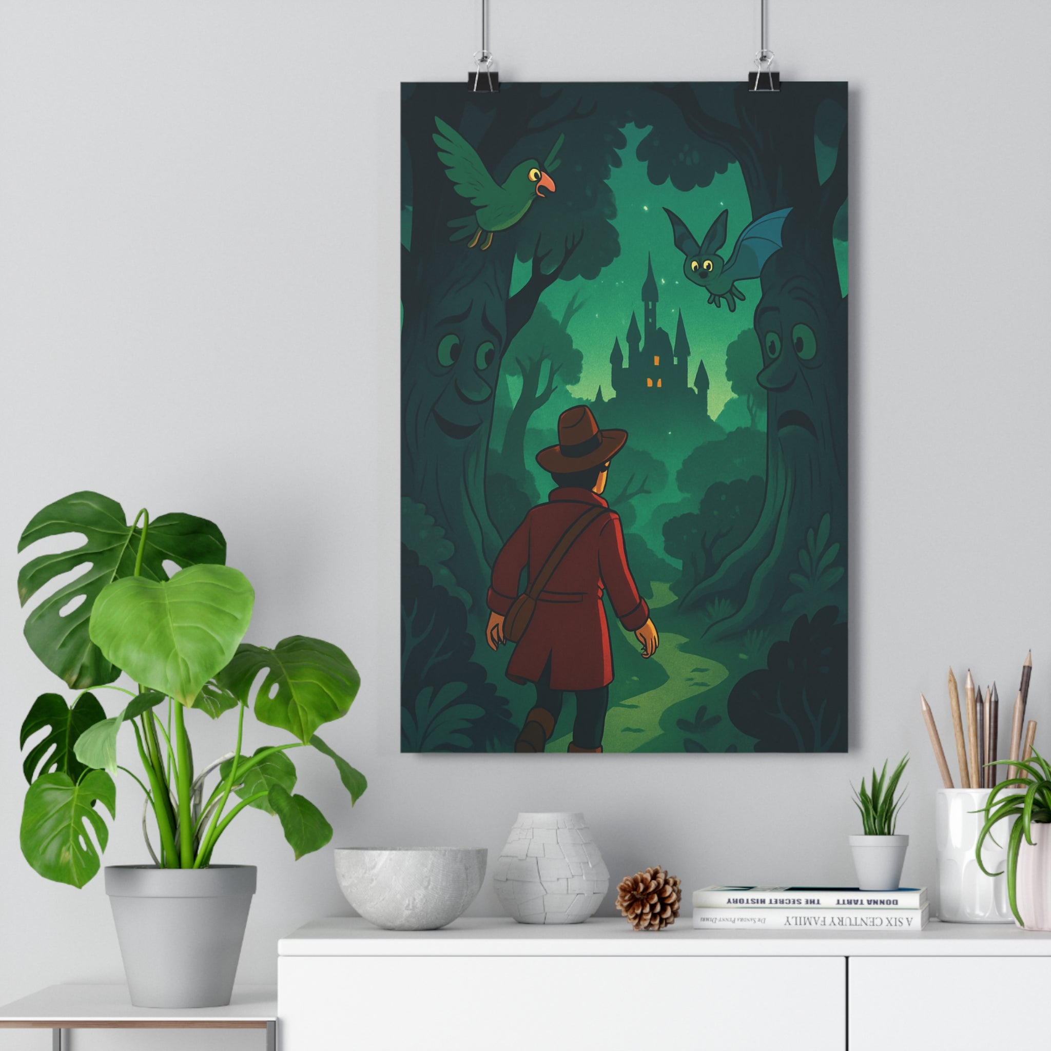 Poster décoratif forêt enchantée mystique rouge vert nature chambre salon ambiance magique mystérieux illustré