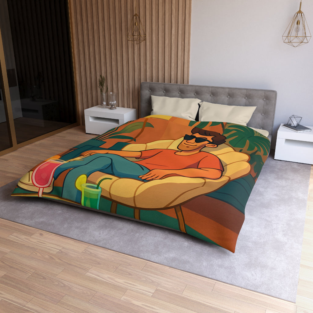 Housse de Couette Tropicale Design Moderne avec Feuilles et Boissons Colorées Style Rétro