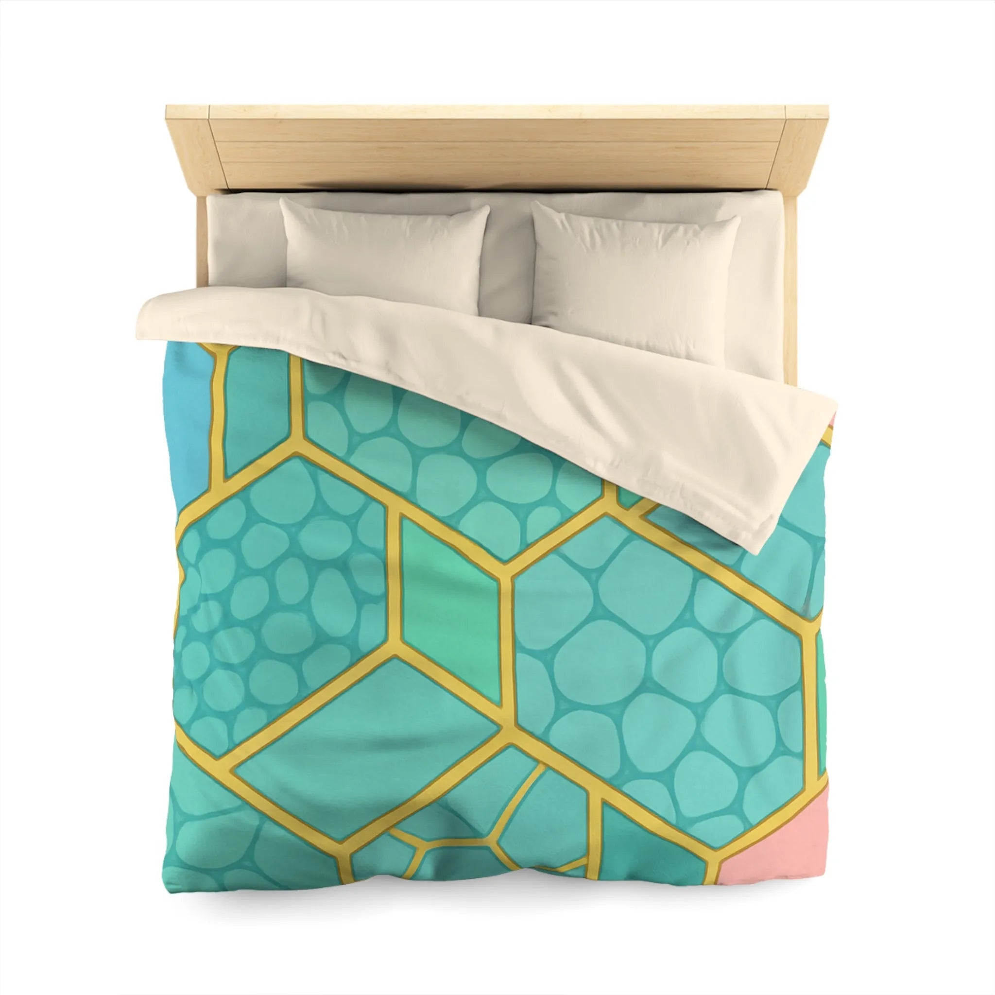 Housse de couette hexagonale pastel avec motifs géométriques et texture miel moderne
