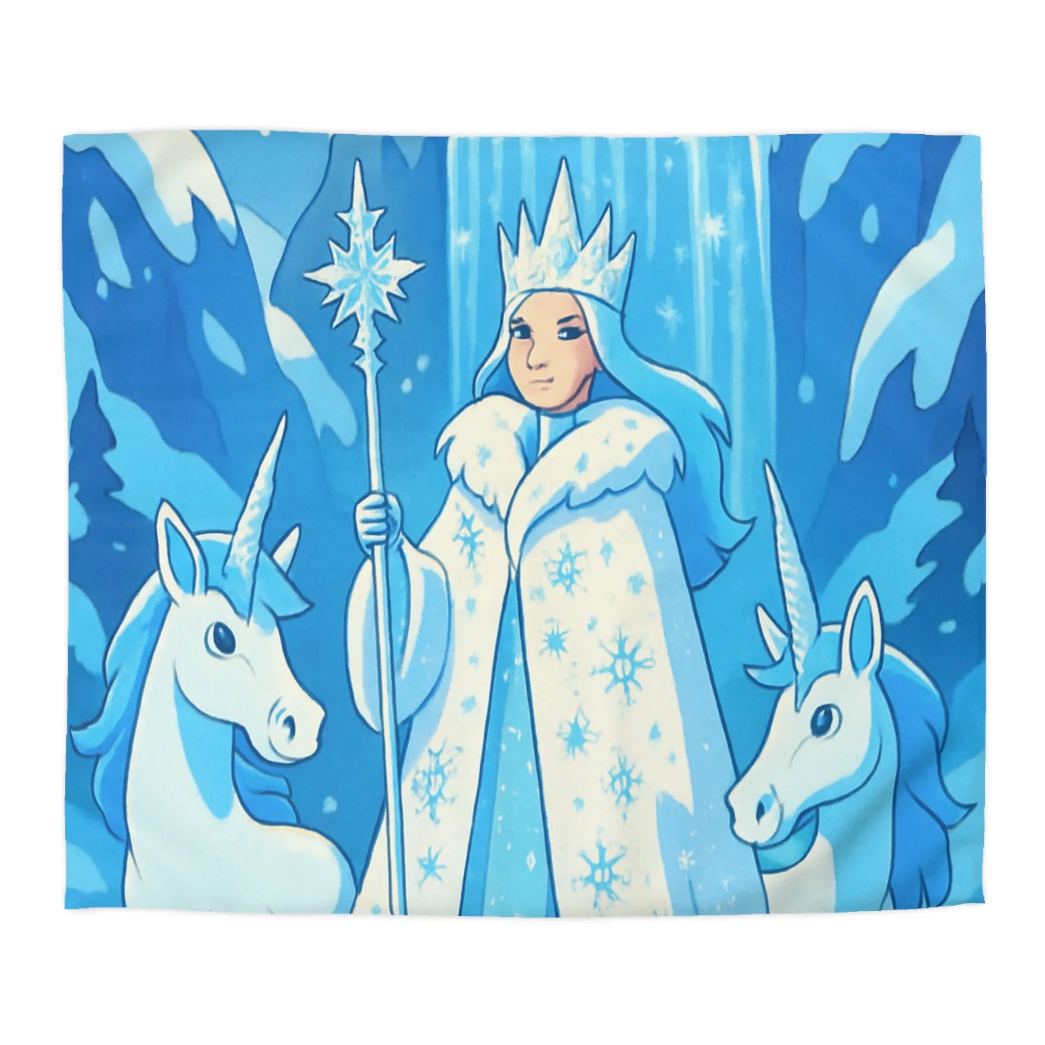 Housse de couette féerique avec reine des neiges, licornes et cascade magique